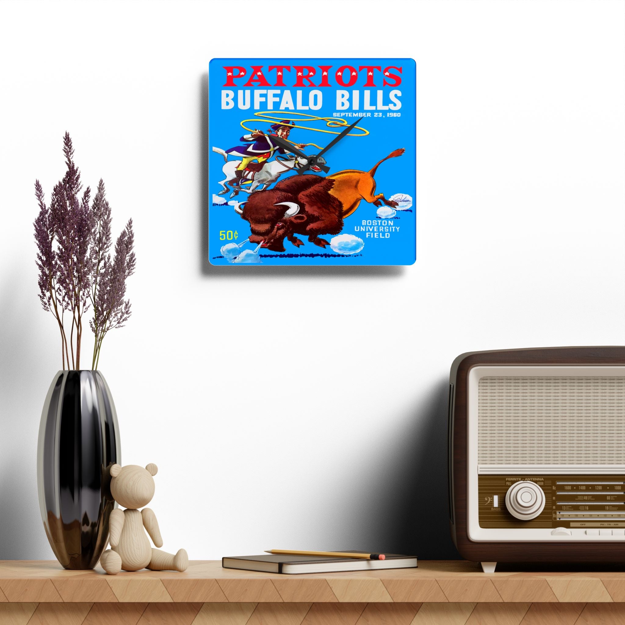 Vintage Sports Wall Clock, Retro 1960 Football Patriots-Bills Acrylic Clock, 60s Game Day Decor, Football Fan Gift, Patriots Memorabilia