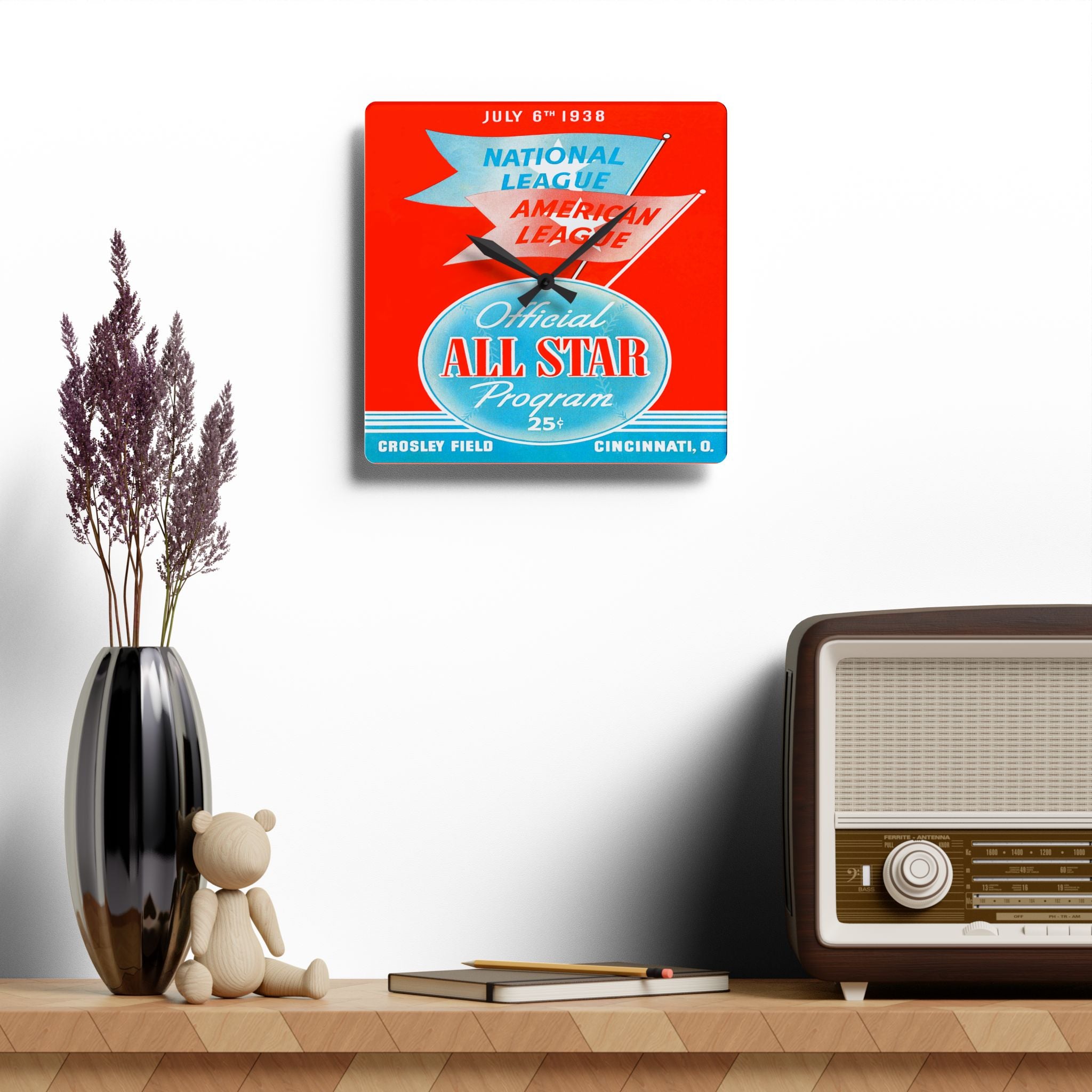 Vintage Baseball Acrylic Wall Clock, 1938 All-Star Game Crosley Field Cincinnati Decor, Unique Sports Fan Gift, Large Modern Timepiece, Home