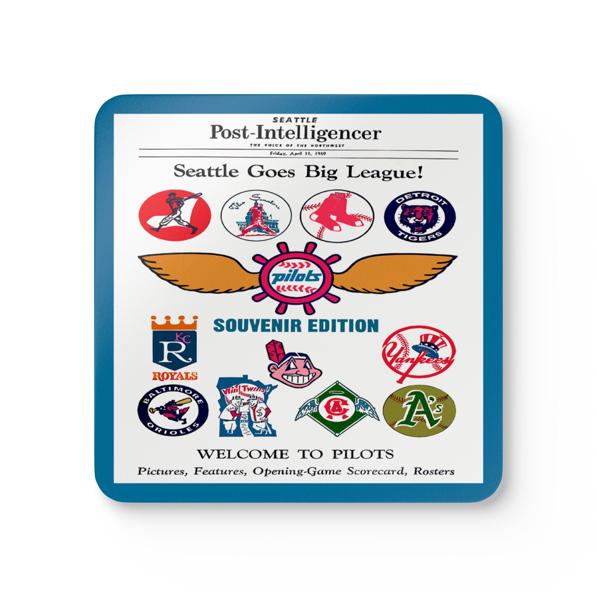 1969 Vintage Seattle Pilots Baseball - Seattle Intelligencer Newspaper Program Cover  - Corkwood Coaster Set