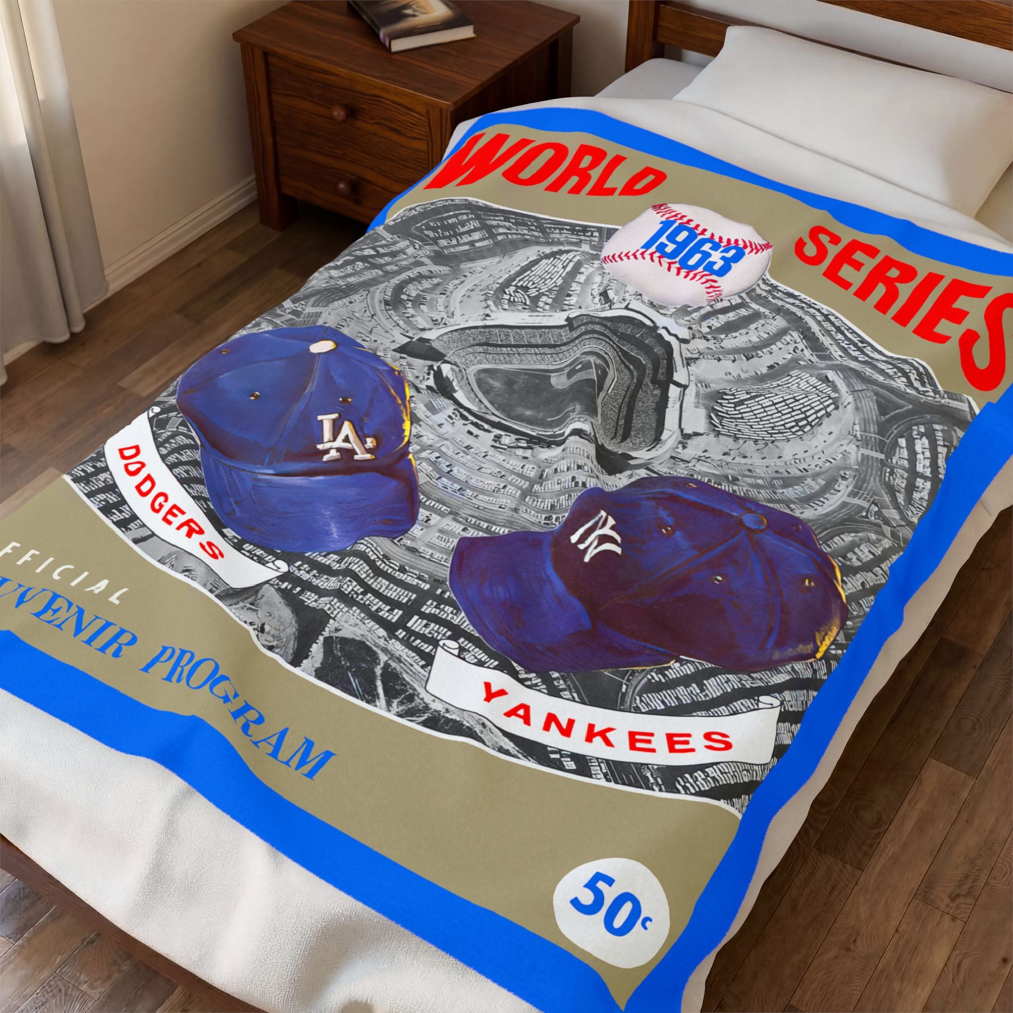 Velveteen Plush Blanket - 1963 Vintage Los Angeles Dodgers - New York Yankees World Series Program Cover, Throw Blanket, Sports Fan Gift,