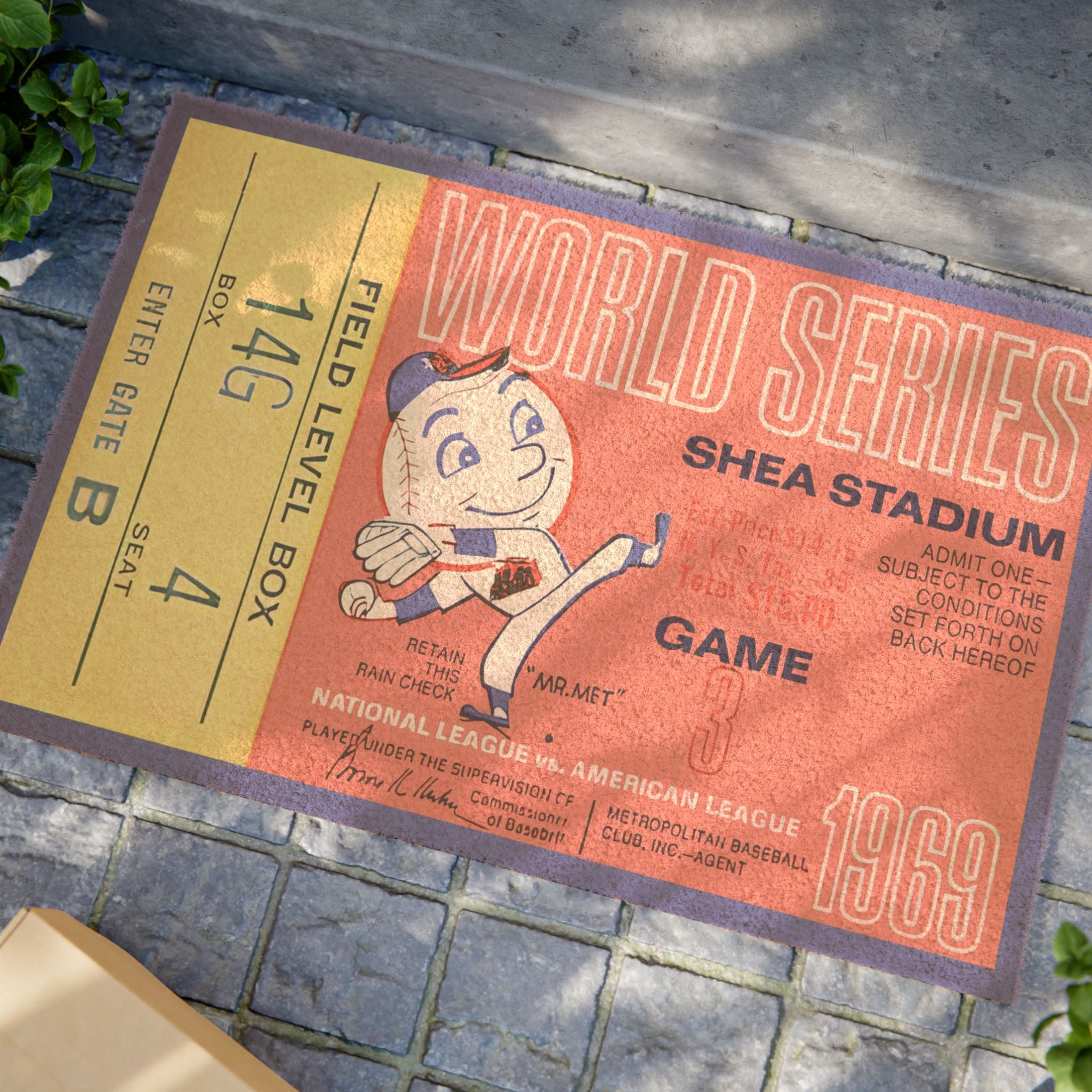 Doormat, 1969 Vintage Baseball World Series Ticket - New York Mets - Shea Stadium - Game 3, Entryway Rug, Baseball Fan Gift, Sports
