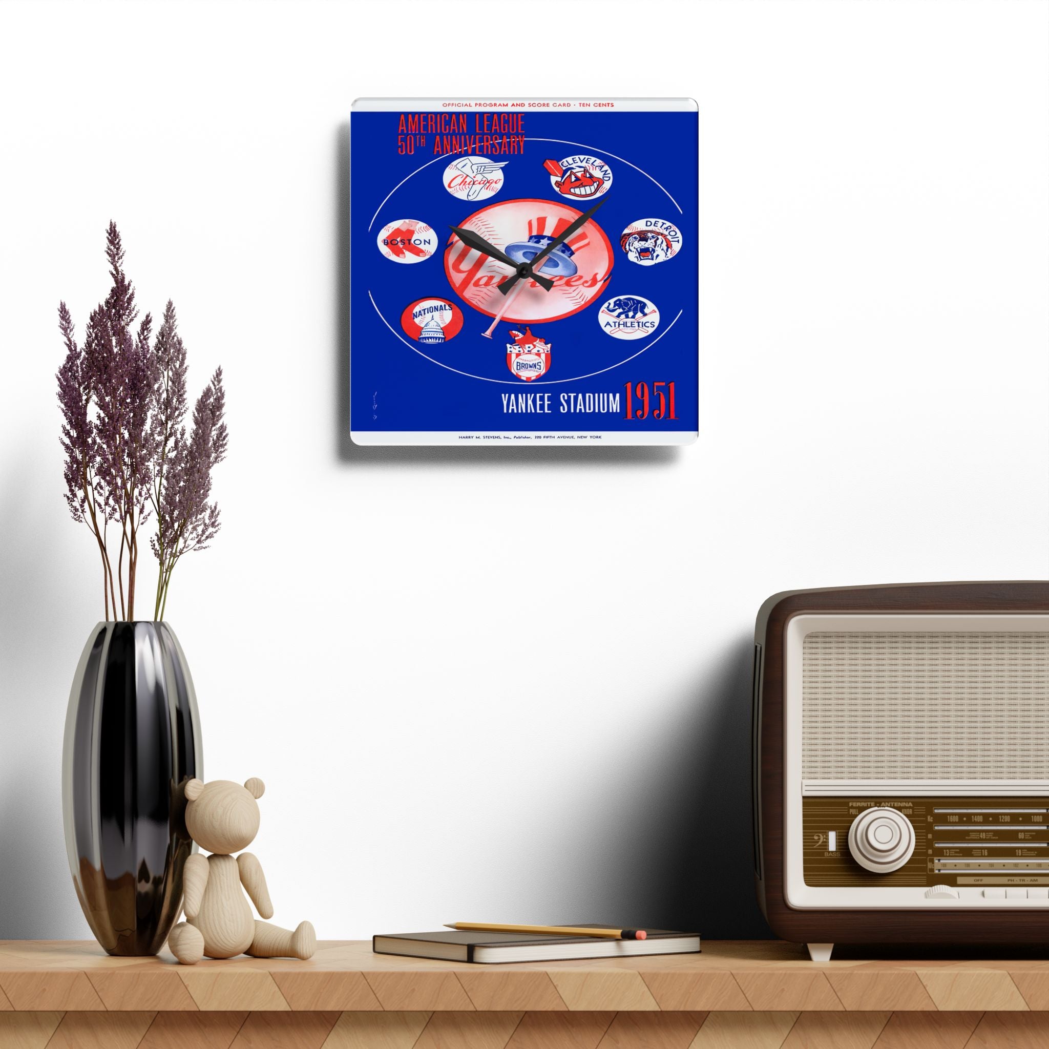 1951 Vintage New York Yankees Scorecard  Cover - 50th Anniversary - American League - Acrylic Wall Clock