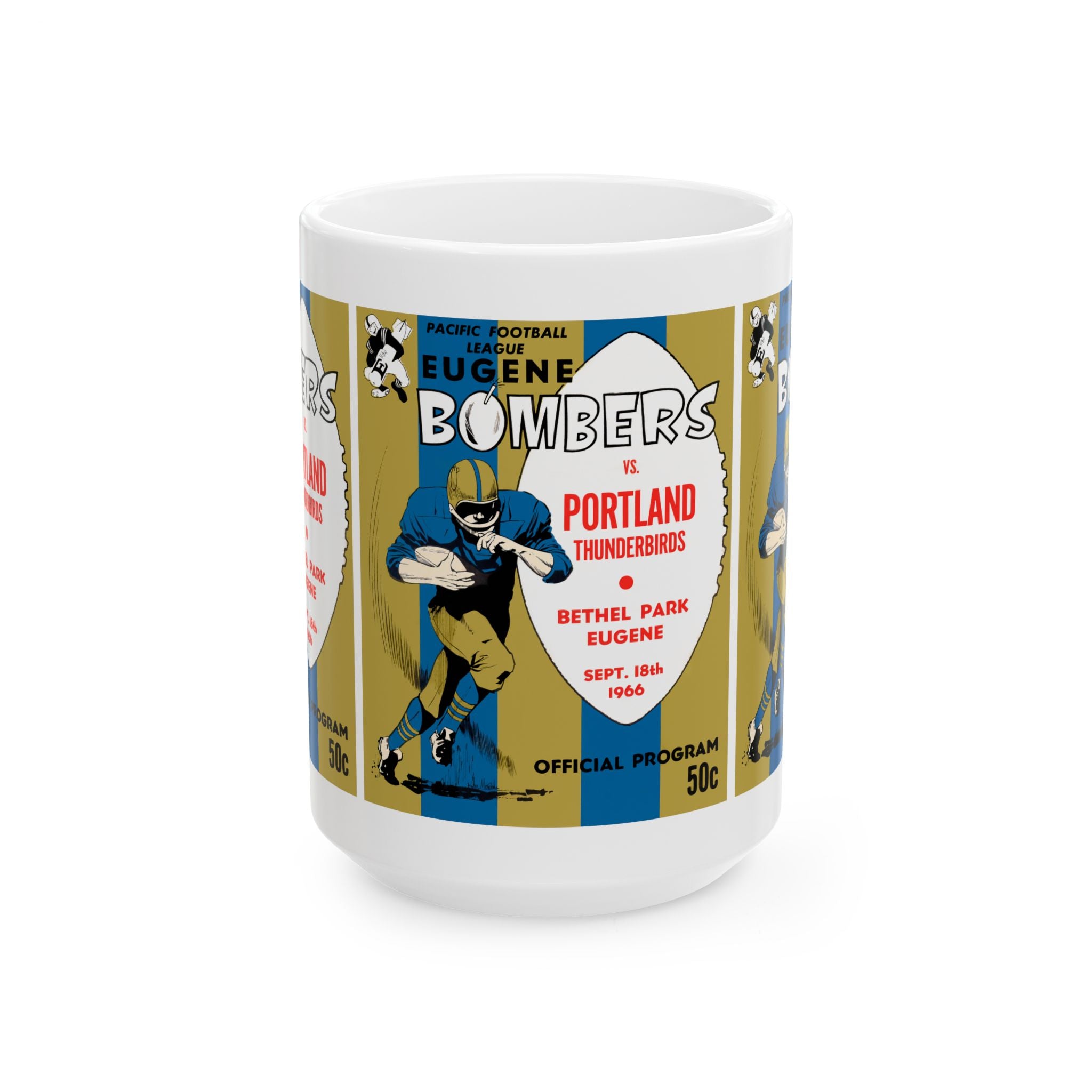 Vintage 1966 Football Eugene Bombers-Portland Thunderbirds Ceramic Mug, Retro Sports Fan Drinkware, Gift for Football Enthusiasts, 11oz