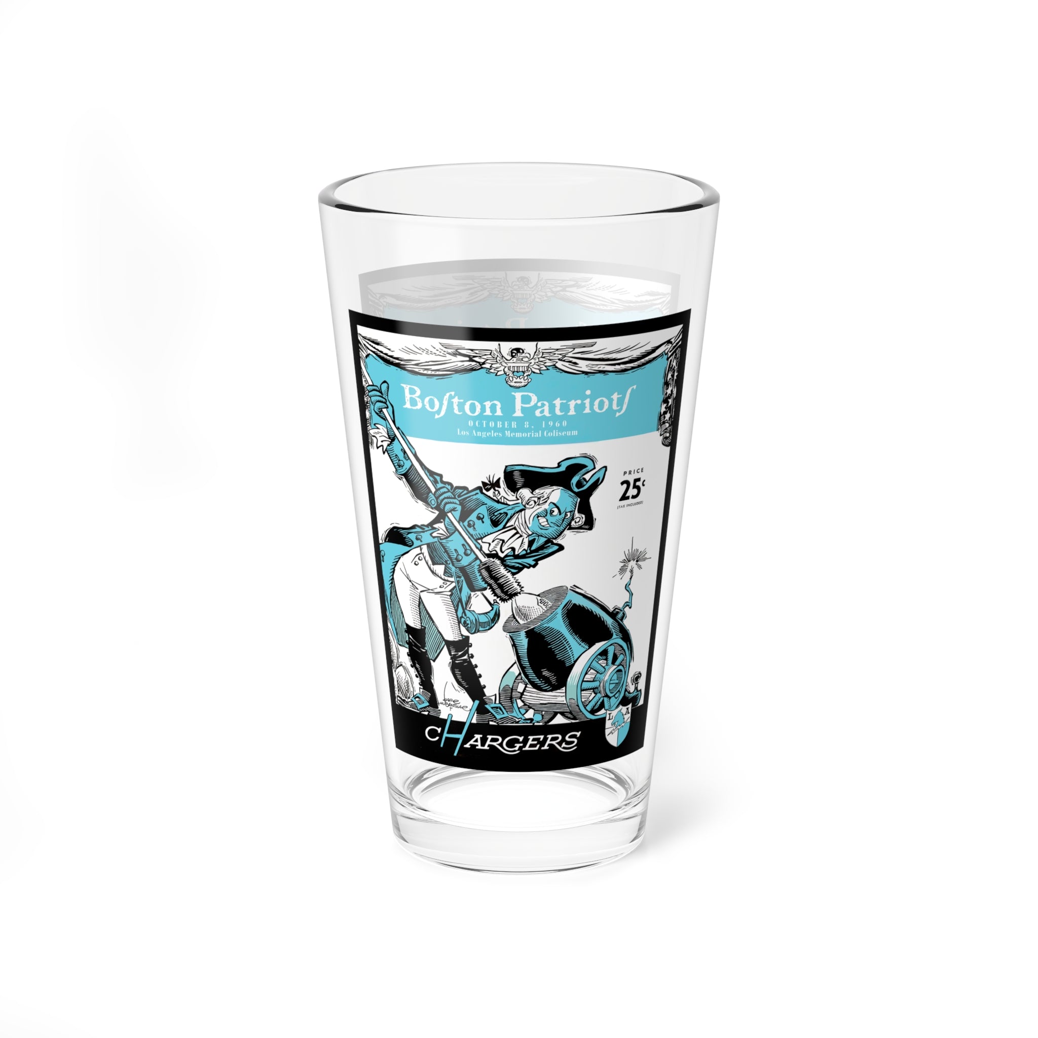Mixing Glass, Football 1960 Boston Patriots-Los Angeles Chargers, Gift for Sports Fans, 16oz Glass, Vintage Sports Drinkware, Football
