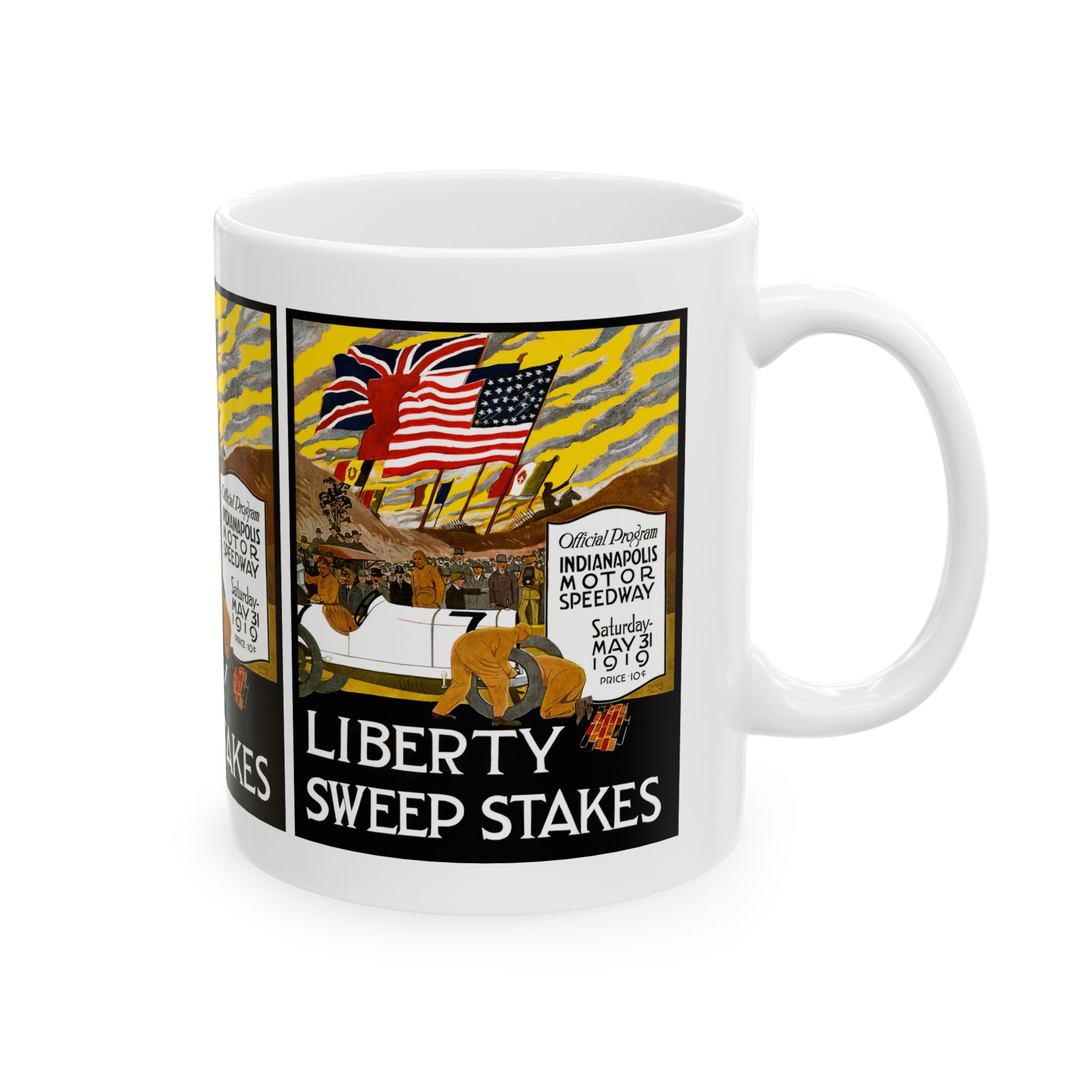 Indy 500 Racing Ceramic Mug, Vintage Race Car Coffee Cup, Auto Racing Gift, Speedway Memorabilia, Checkered Flag Decor, Father's Day Present