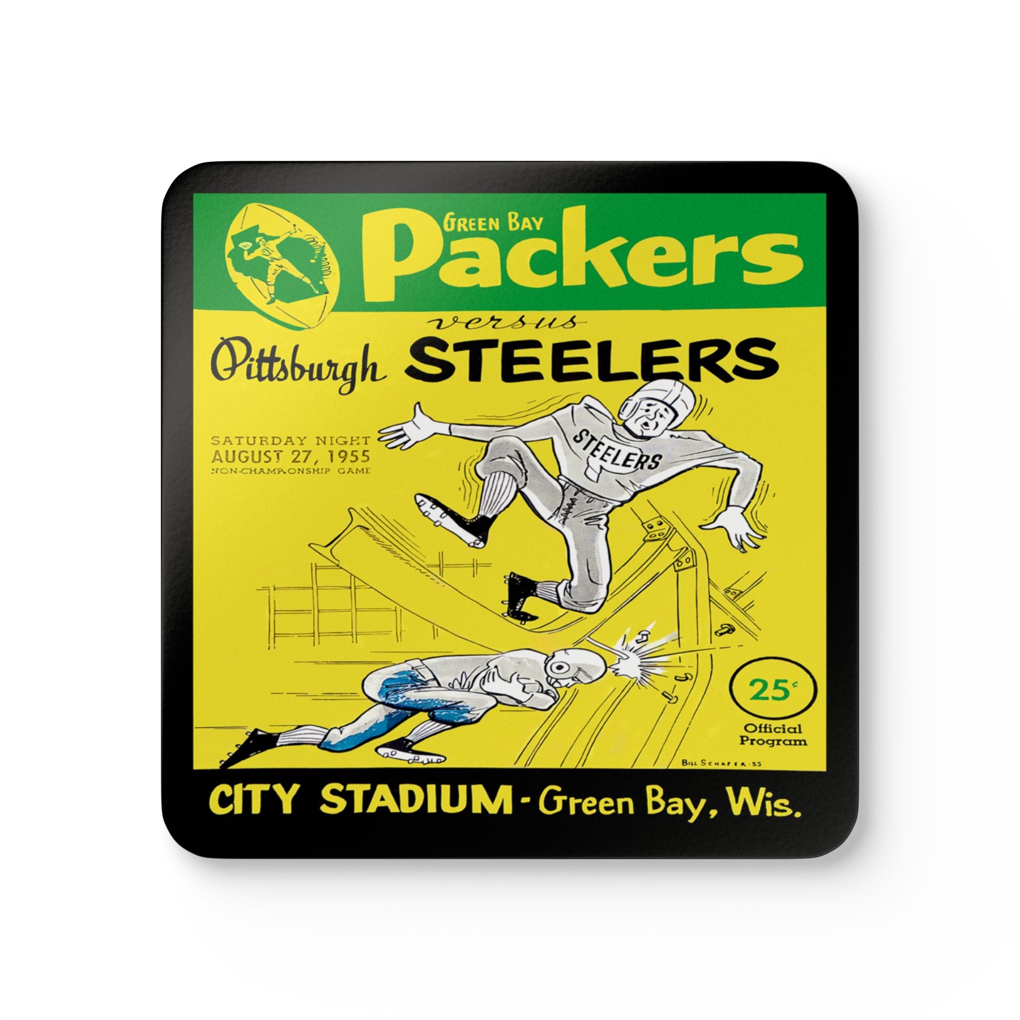 1955 Vintage Green Bay Packers - Pittsburgh Steelers Football Program Cover - Corkwood Coaster Set