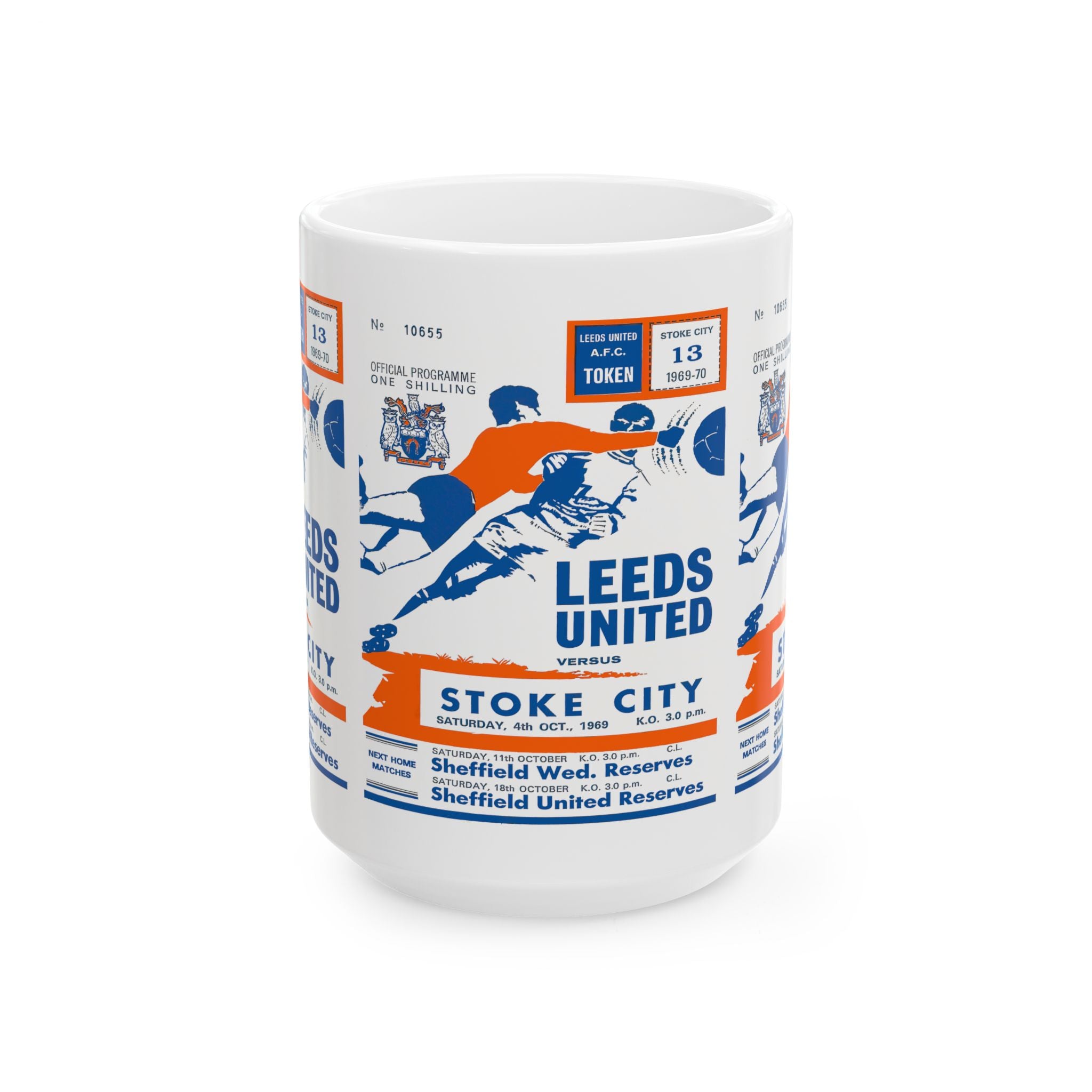 Vintage English Football Ceramic Mug, 11oz, 15oz - 1969 Stoke City vs Leeds United, Soccer Fan Gift, Sports Memorabilia, Retro Football Mug,