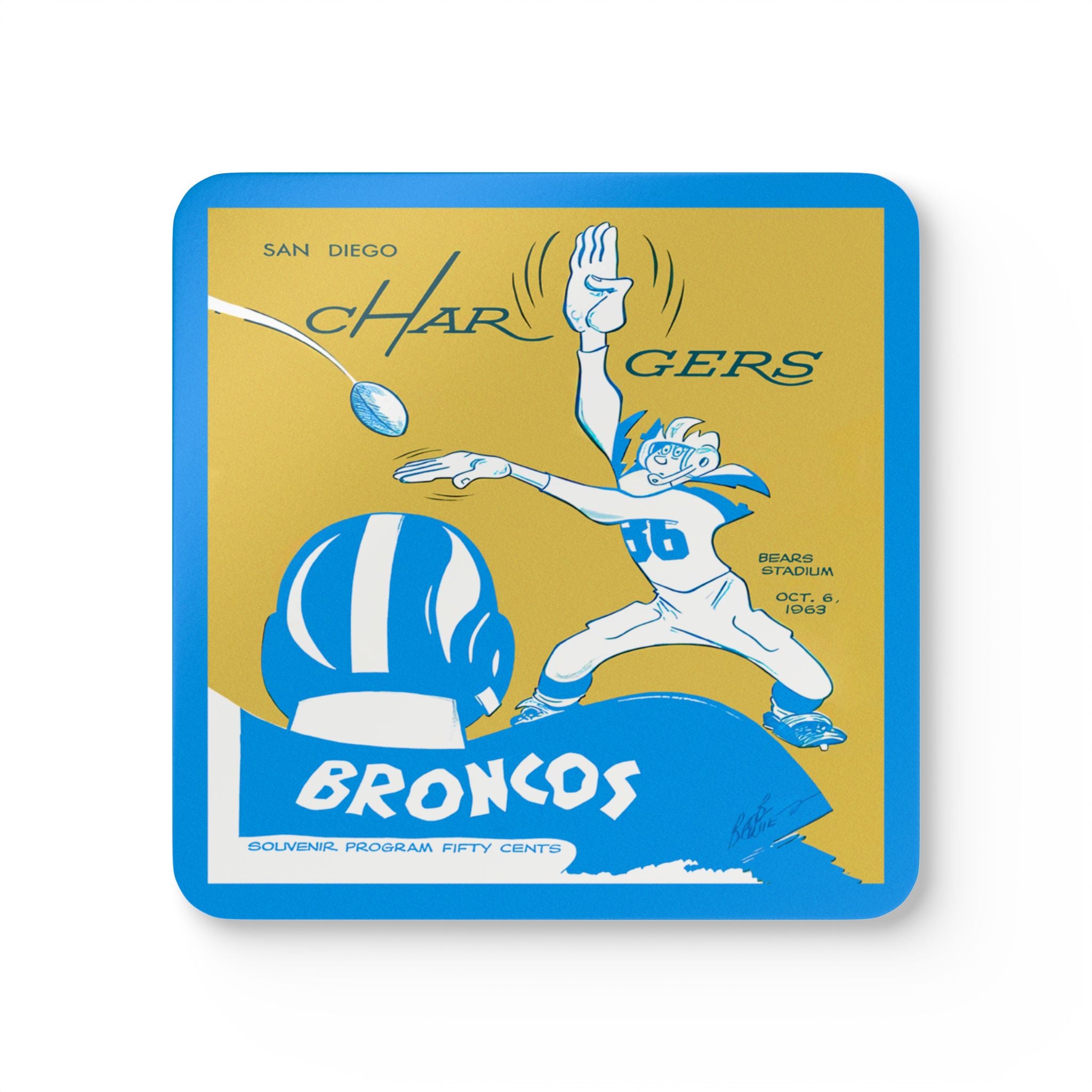 1963 Vintage Denver Broncos-San Diego Chargers Football Program Cover  - Corkwood Coaster Set