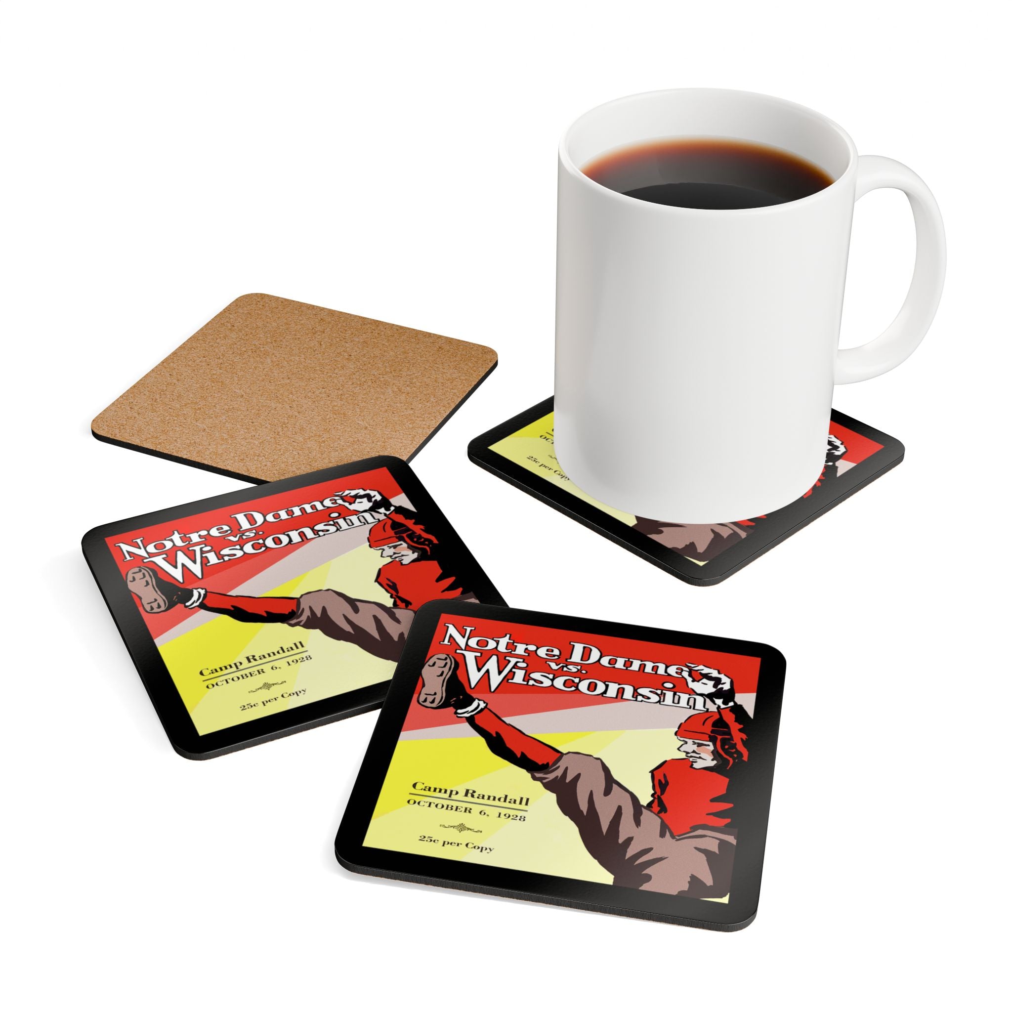 1928 Vintage Wisconsin Badgers - Notre Dame Fighting Irish Football Program Cover - Corkwood Coaster Set