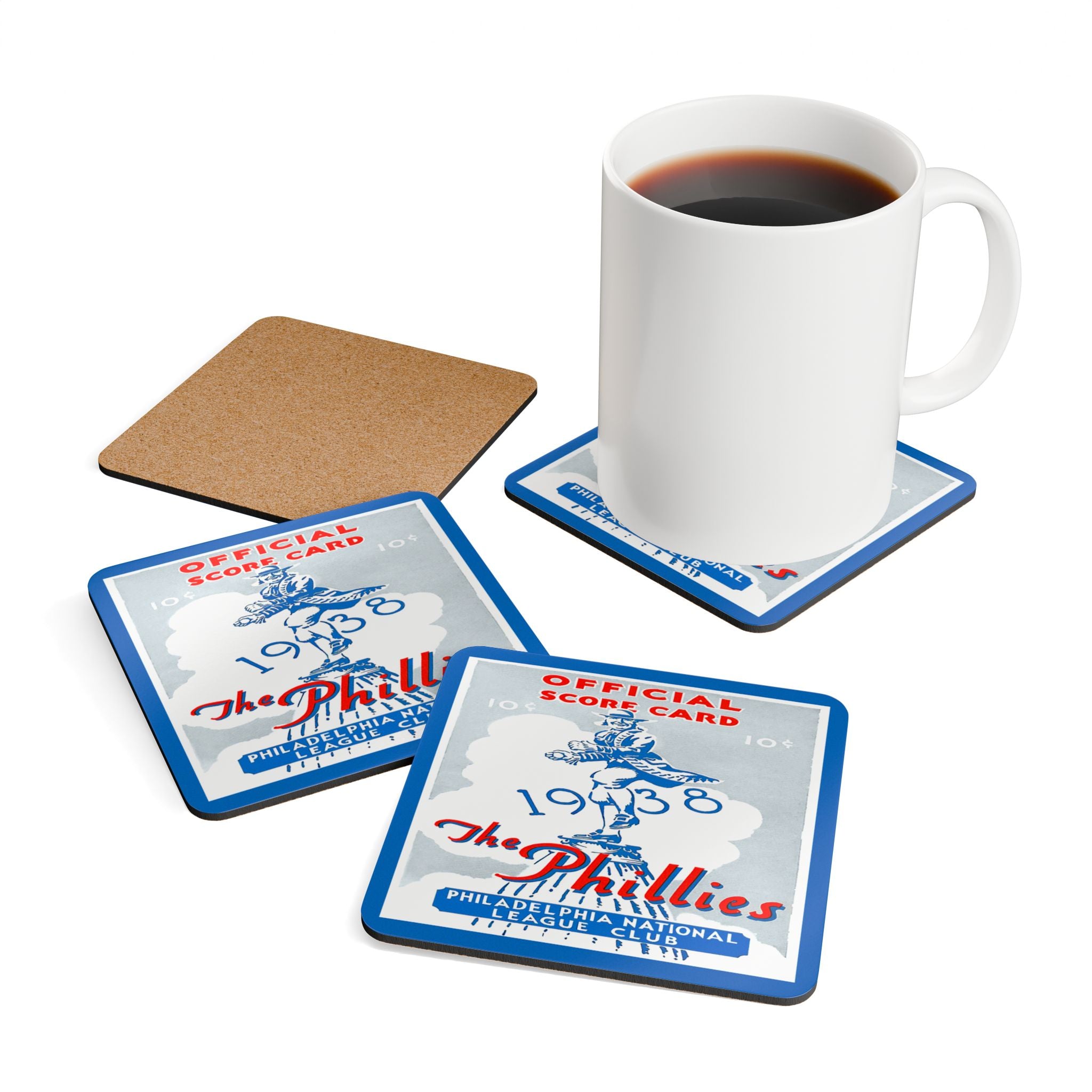 1938 Vintage Philadelphia Phillies Baseball Score Card Cover  - Corkwood Coaster Set