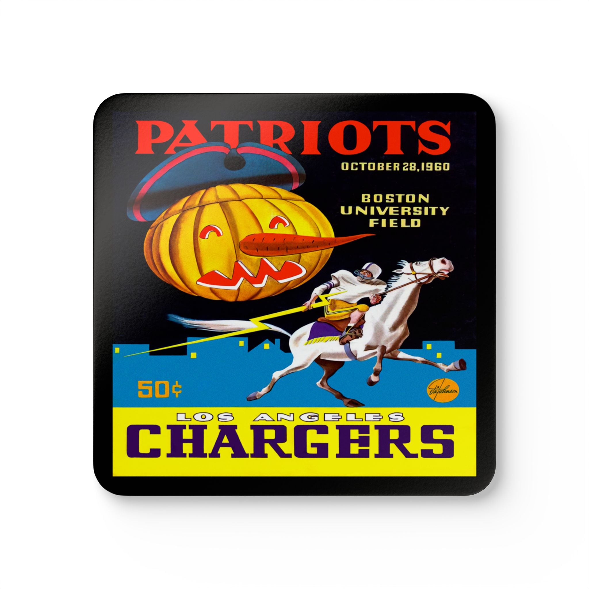 1960 Vintage Los Angeles Chargers - Boston Patriots Football Program Cover - Corkwood Coaster Set
