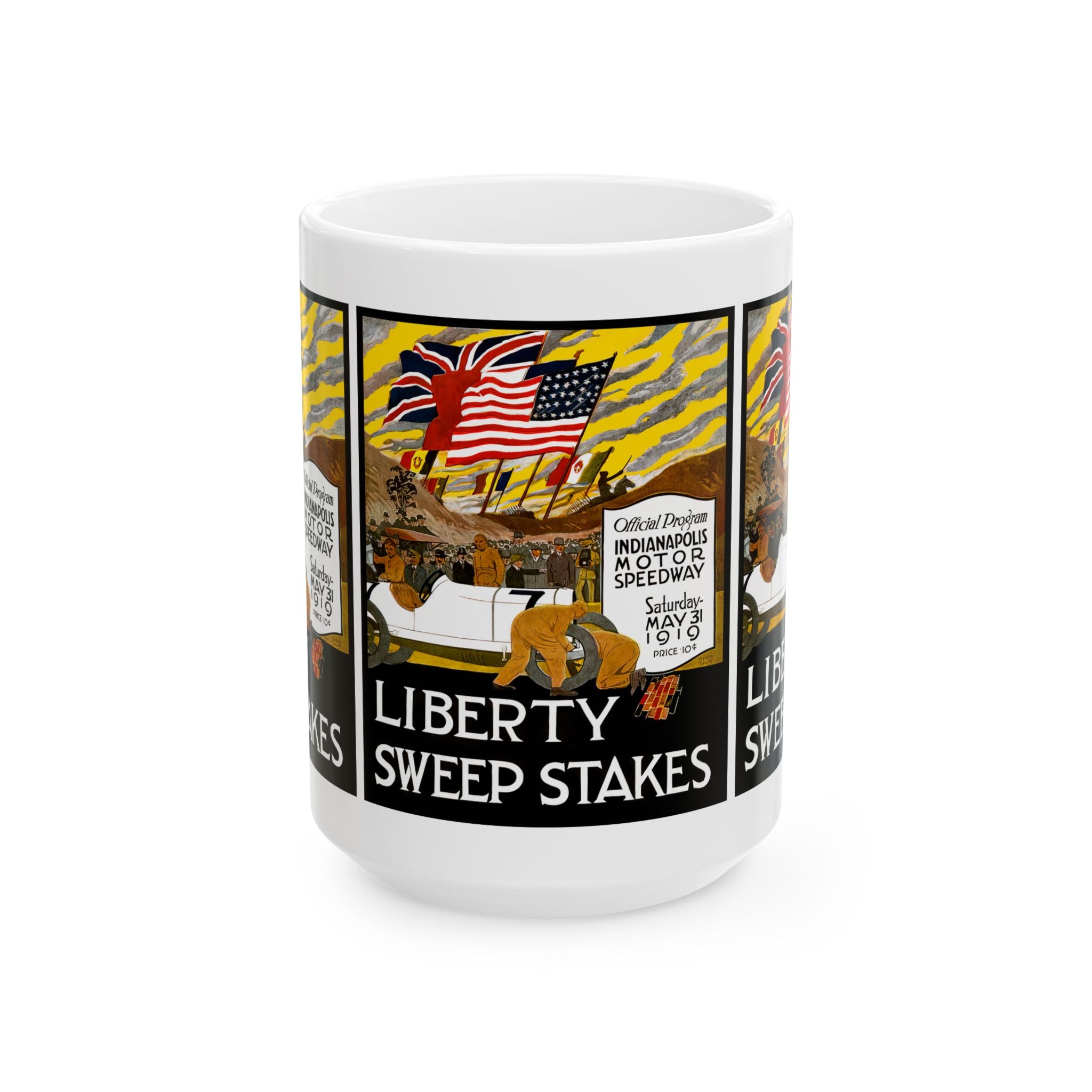 Indy 500 Racing Ceramic Mug, Vintage Race Car Coffee Cup, Auto Racing Gift, Speedway Memorabilia, Checkered Flag Decor, Father's Day Present