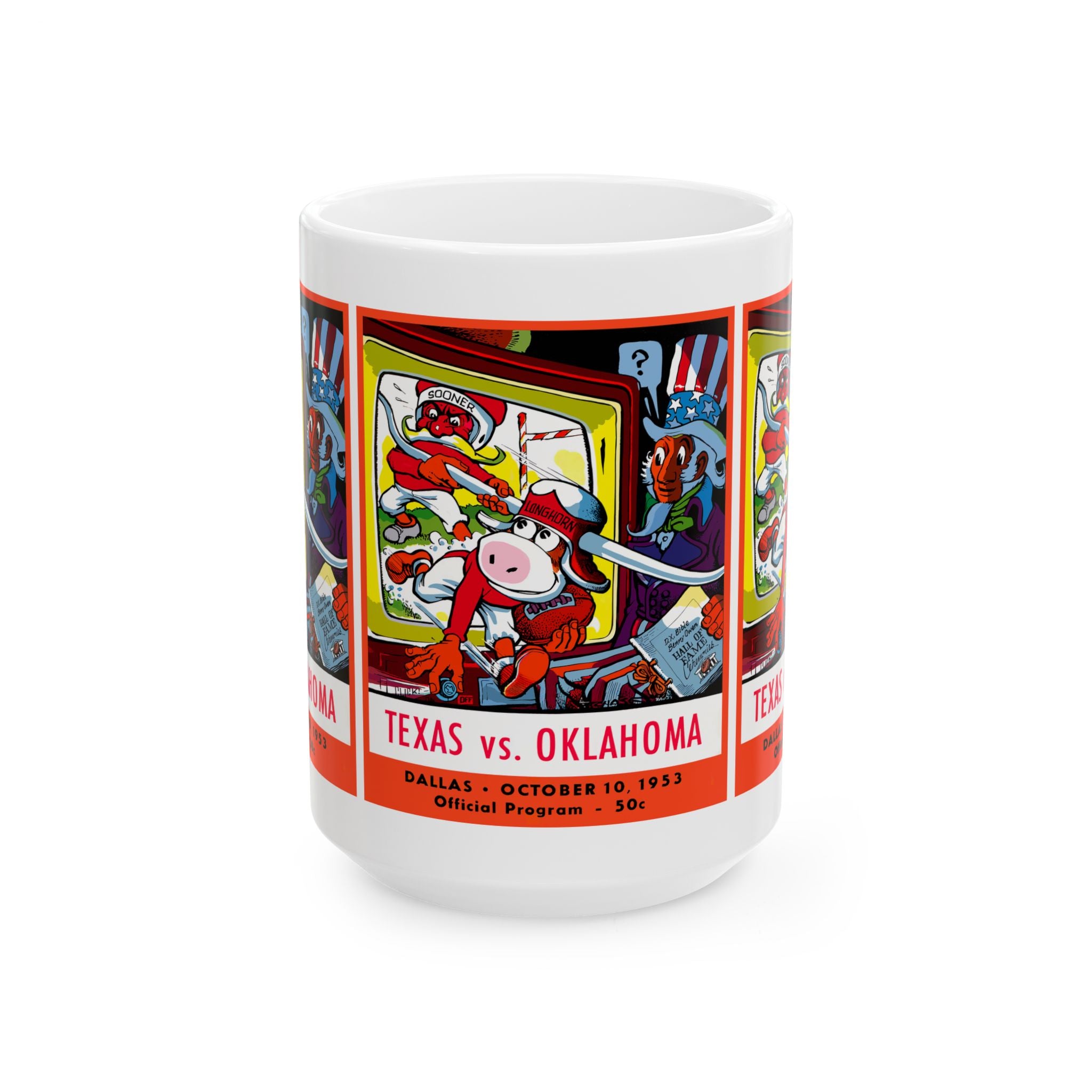 Ceramic Mug, 1953 Football Oklahoma Texas, Vintage Design Coffee Cup, Sports Fan Gift, Football Lover Mug, Team Rivalry Cup, College Game
