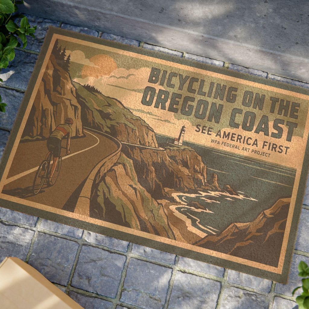 Oregon Coast WPA Style Bicycling Coir Doormat