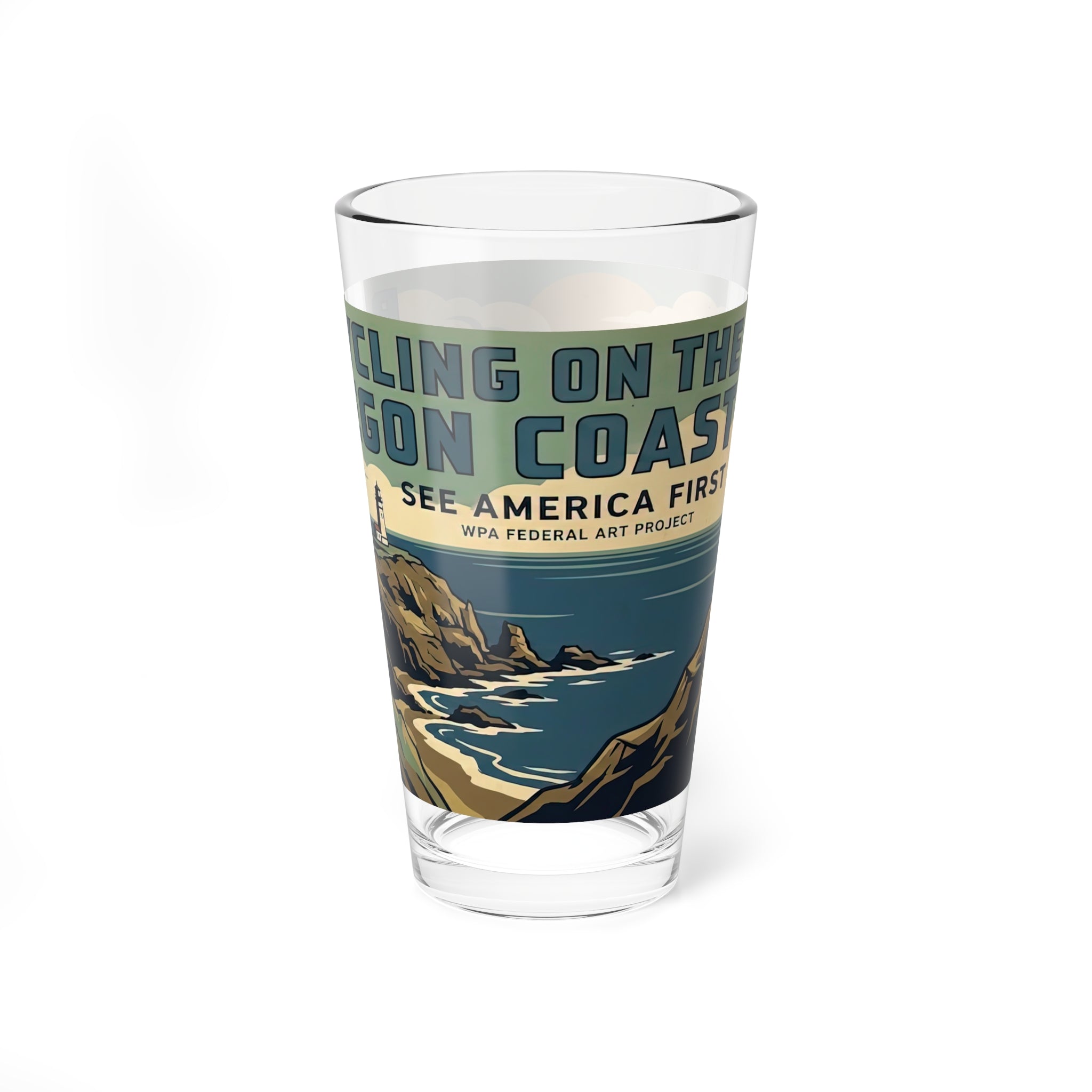 Oregon Coast WPA Style Bicycling Glass 16oz Mixing Glass