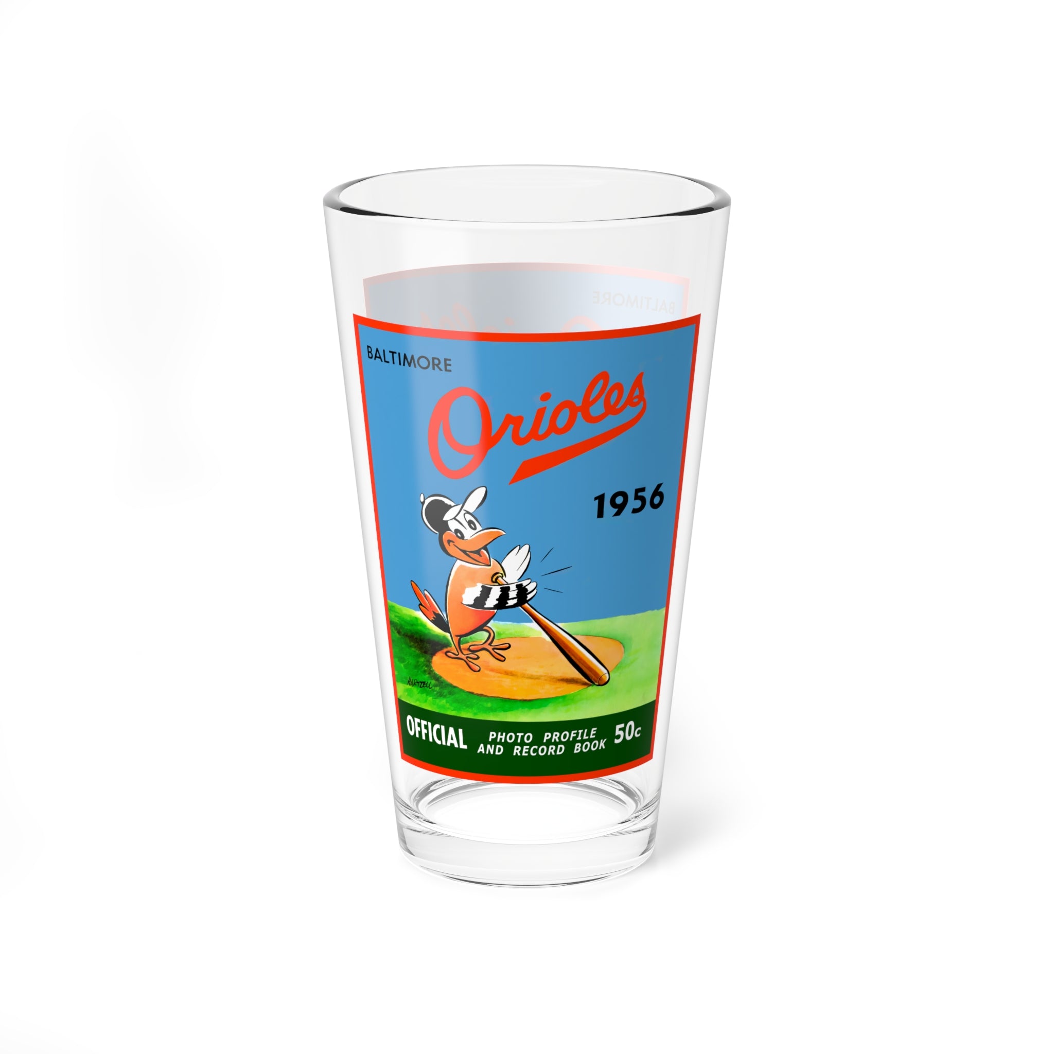 Baseball Mixing Glass, 16oz - 1956 Baltimore Orioles Yearbook, Gift for Baseball Fans, Sports Bar Decor, Unique Glassware, Vintage Baseball