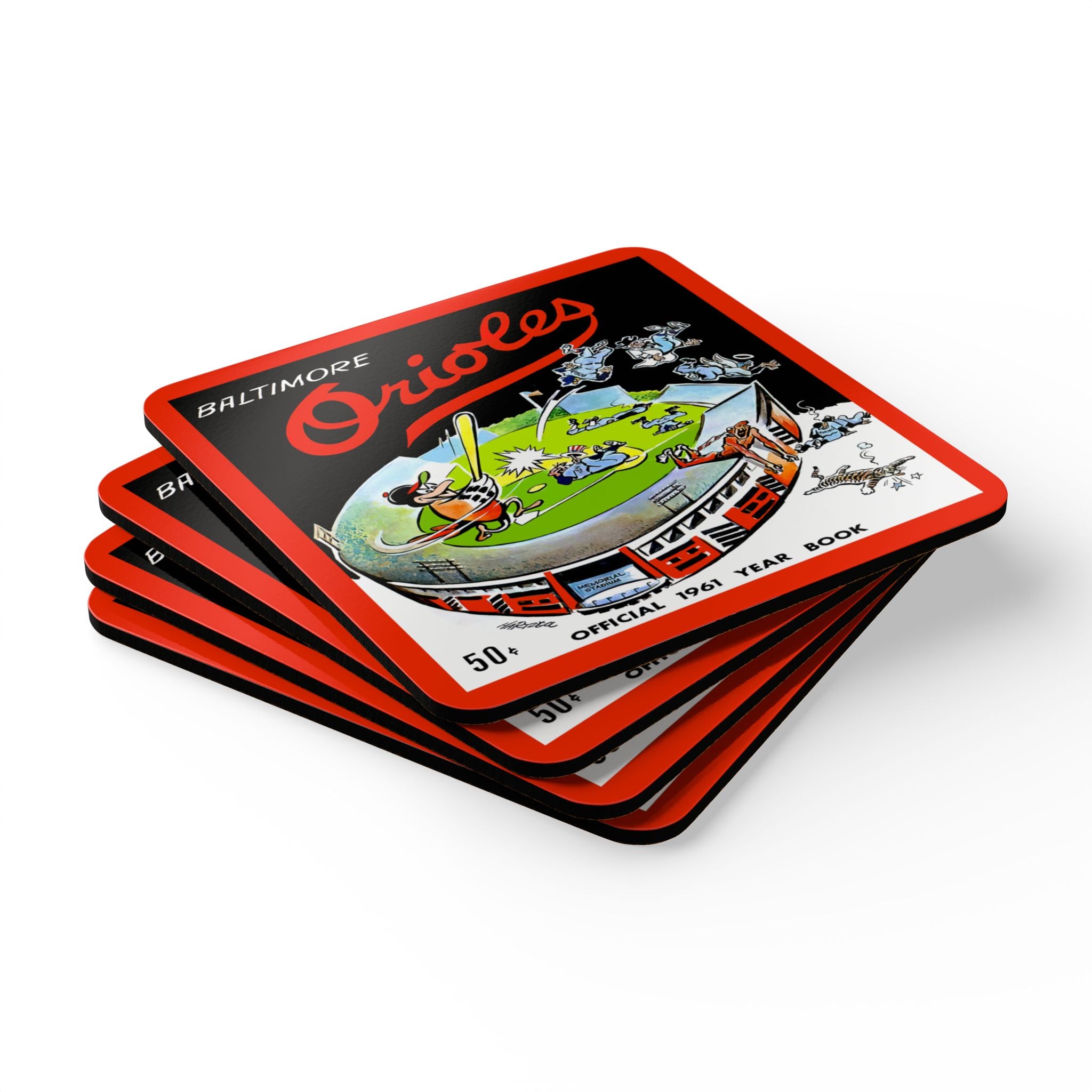 1961 Vintage Baltimore Orioles Yearbook Cover- Corkwood Coaster Set