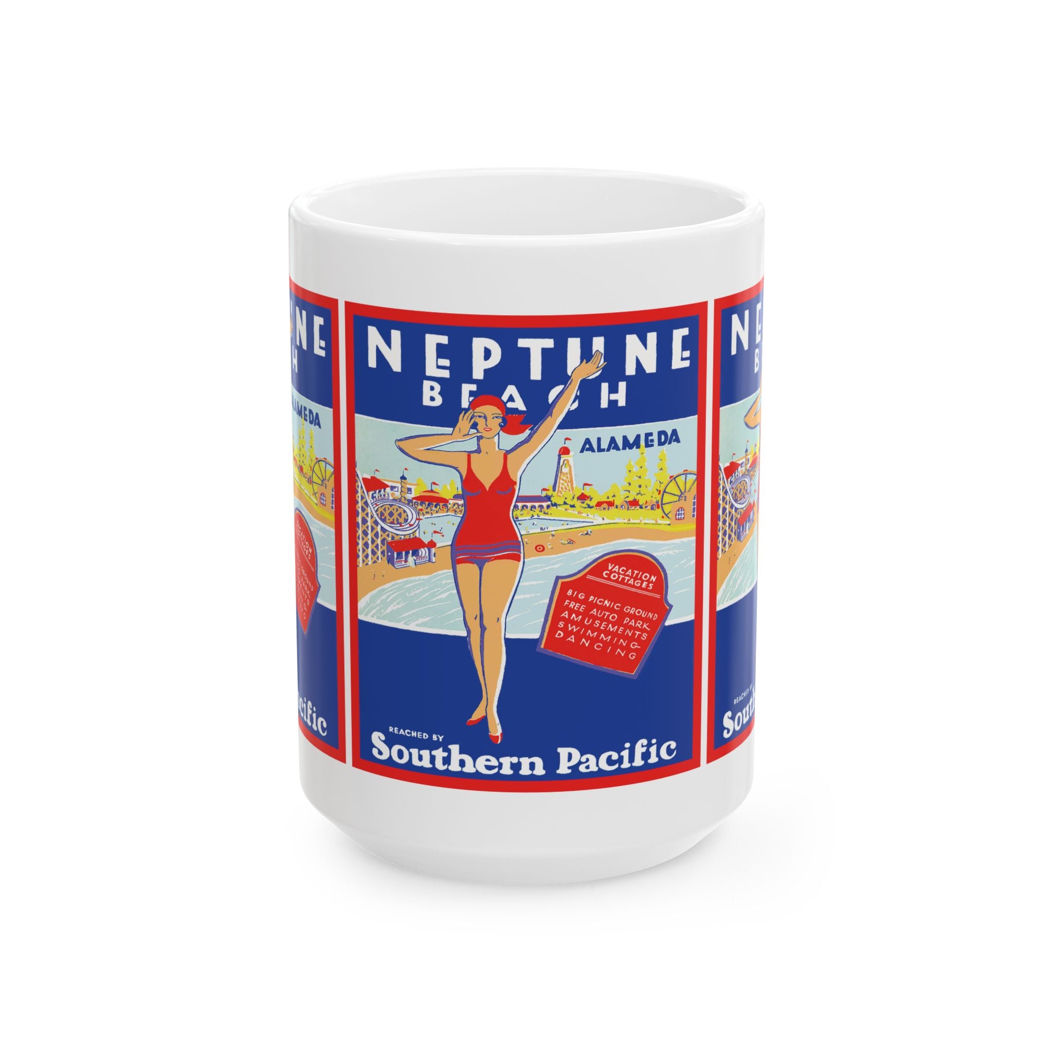 Vintage Alameda Neptune Beach Southern Pacific Poster Ceramic Mug, Gift for History Buff, Retro Coffee Cup, Coastal Kitchen Decor,
