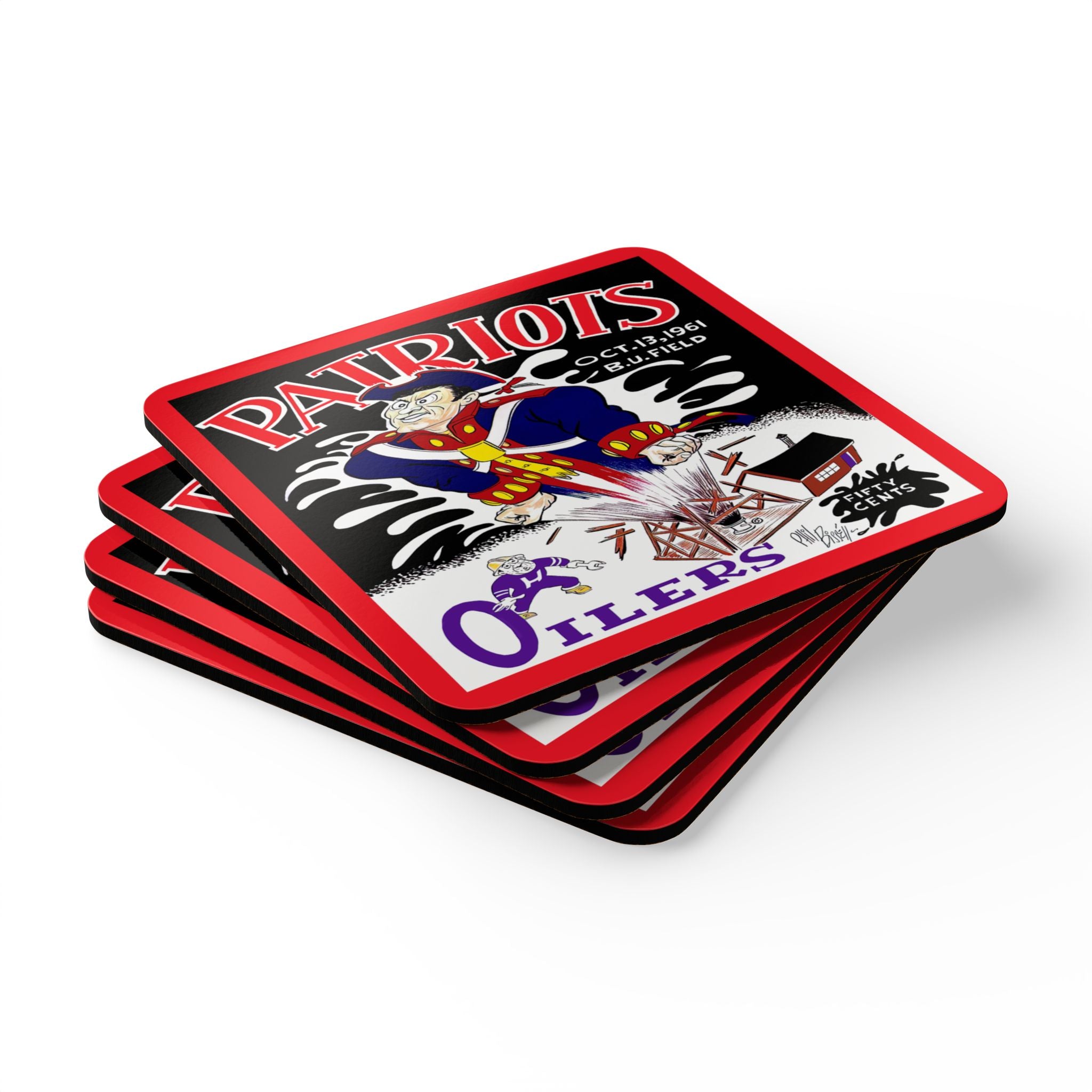 1961 Vintage Boston Patriots -Houston Oilers Football Program Cover - Corkwood Coaster Set