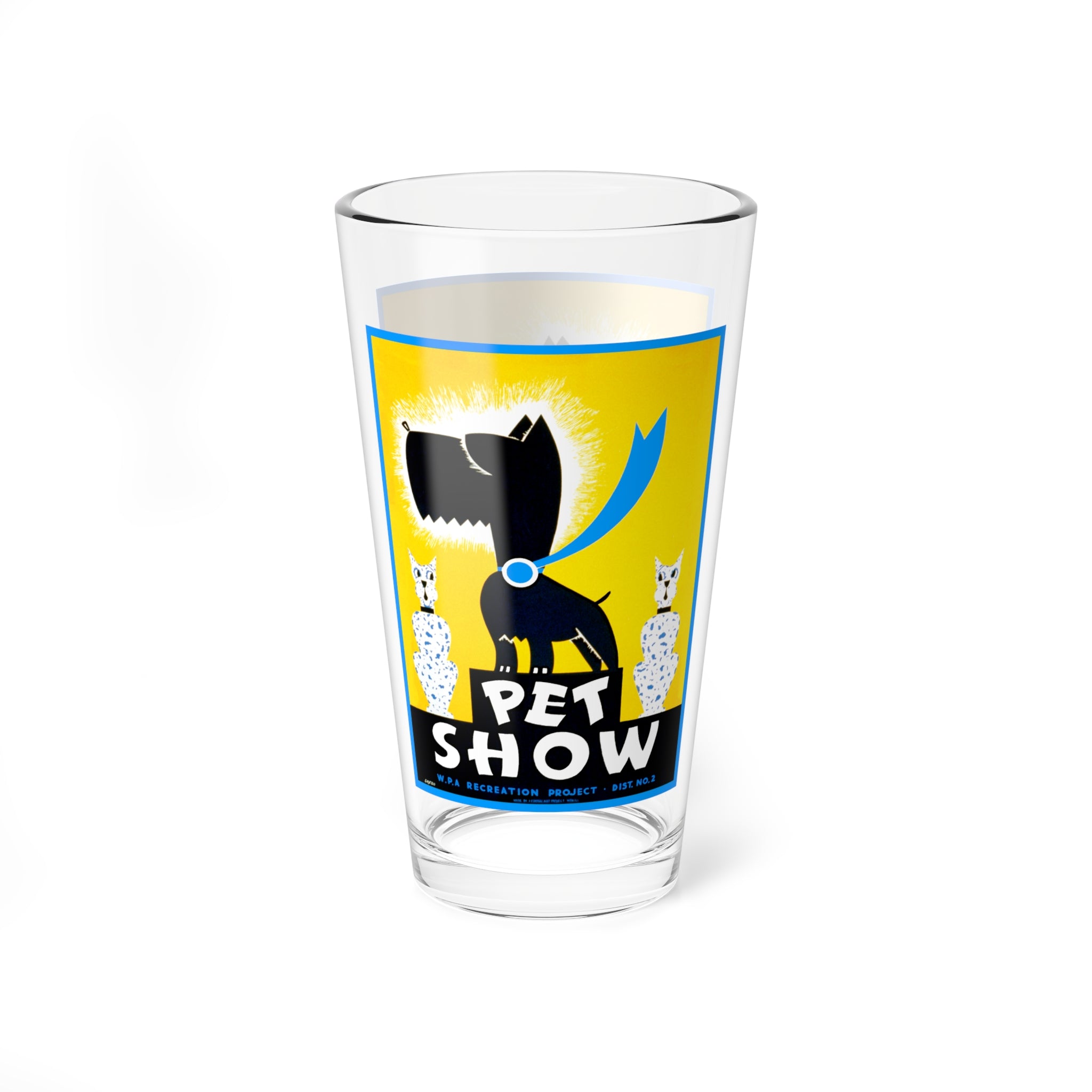 Glassware, 16oz Mixing Glass with 1930's WPA Pet Show Poster Design, Vintage Retro Barware, Cocktail Tumbler, Kitchen Decor, Unique Gift