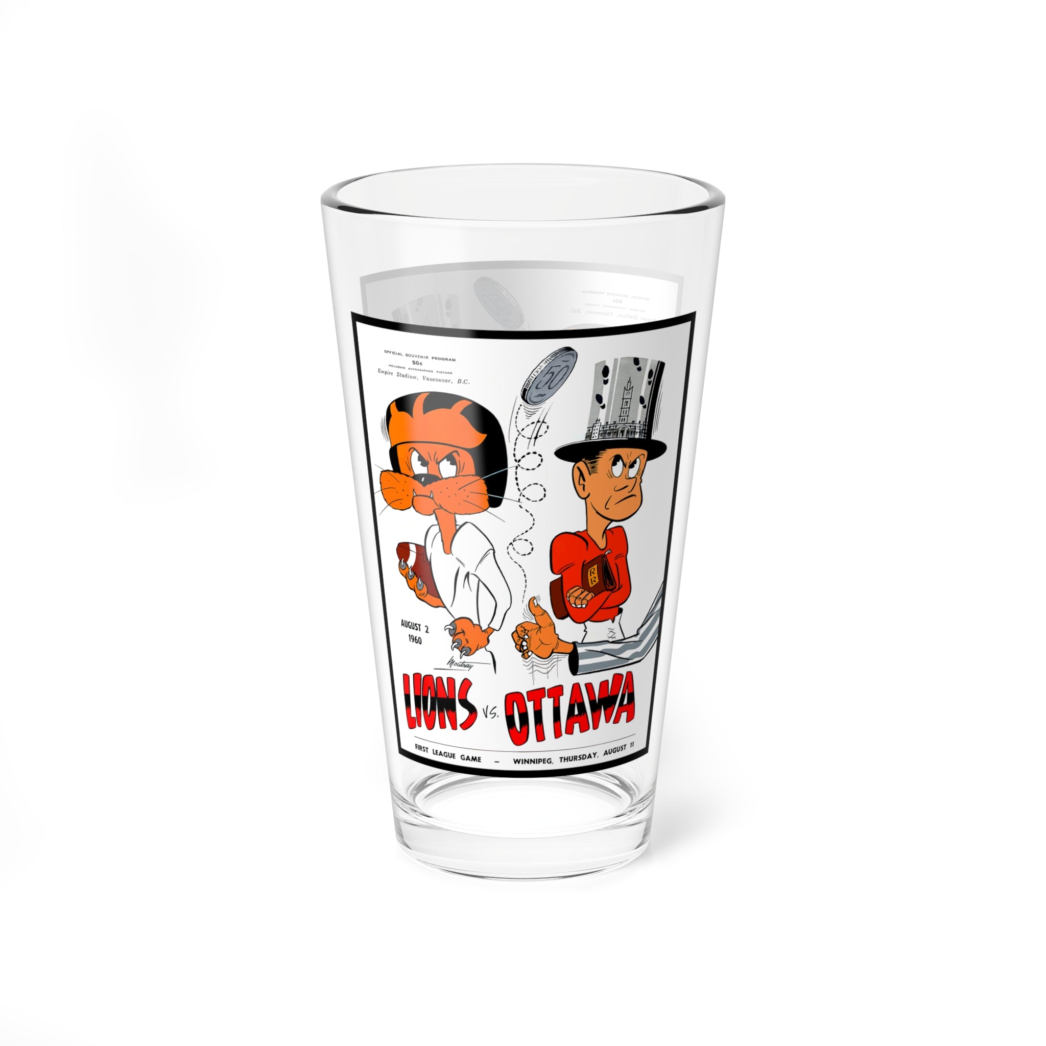 Mixing Glass, 16oz - 1960 Football Ottawa Rough Riders - BC Lions, Sports Barware, Retro Decor, Sports Fan Gift, Vintage Glassware, Football