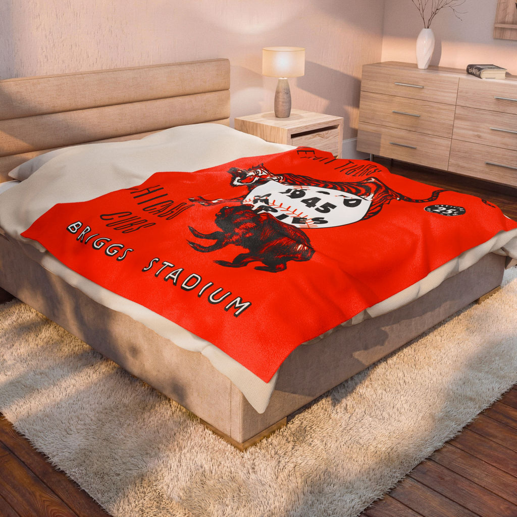 Velveteen Plush Blanket, 1945 Baseball World Series Cubs-Tigers Memorabilia, Sports Fan Gift, Home Decor, Couch Throw Blanket, Gift for Him,