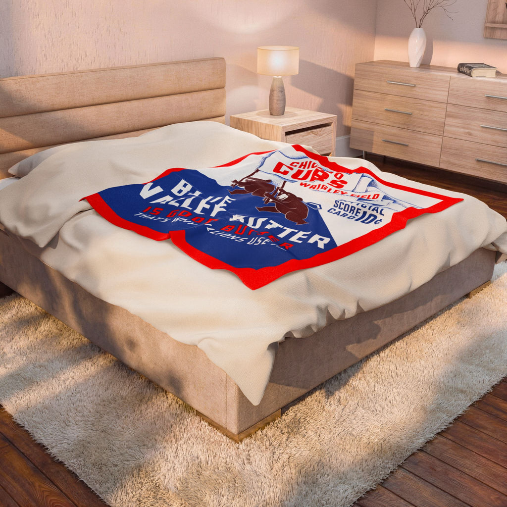 Chicago Cubs Retro Wrigley Field 1938 Velveteen Plush Blanket — 'Blue Valley Butter' Vintage Baseball Throw