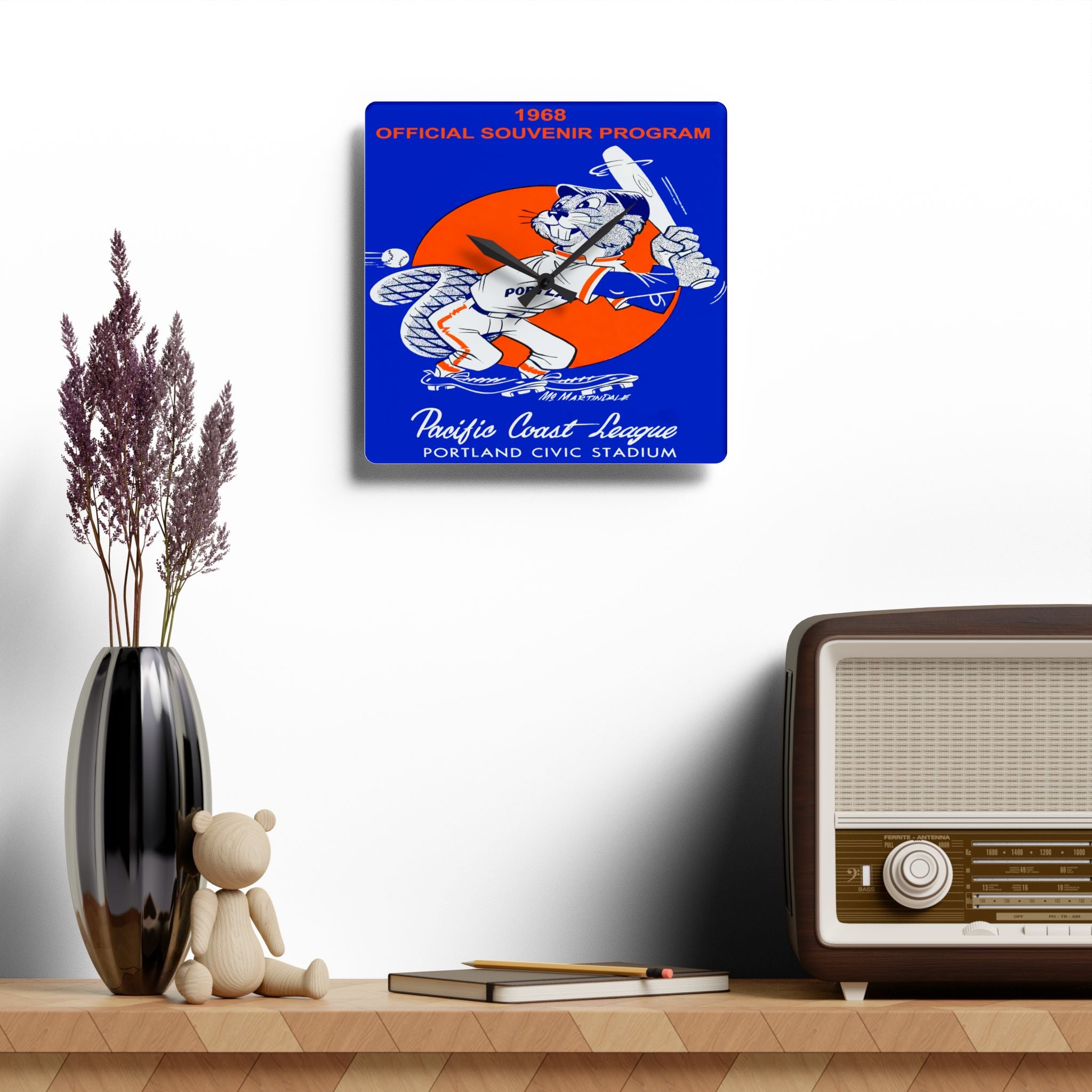 Vintage 1968 Baseball Portland Beavers Acrylic Wall Clock - Sports Fan Decor, Retro Clock, Unique Gift for Baseball Enthusiasts, Home Office