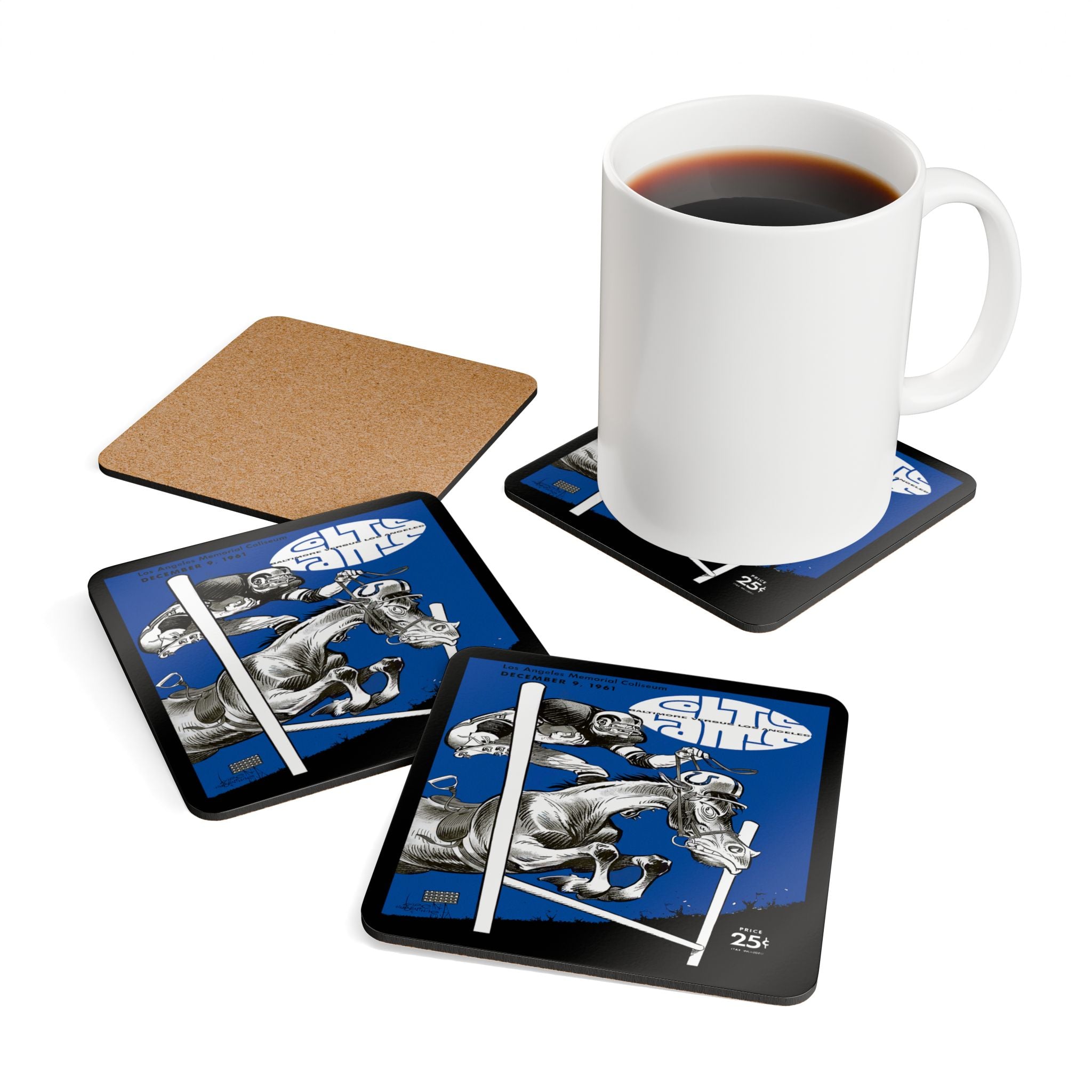 1961 Vintage Baltimore Colts - Los Angeles Rams Football Program Cover - Corkwood Coaster Set