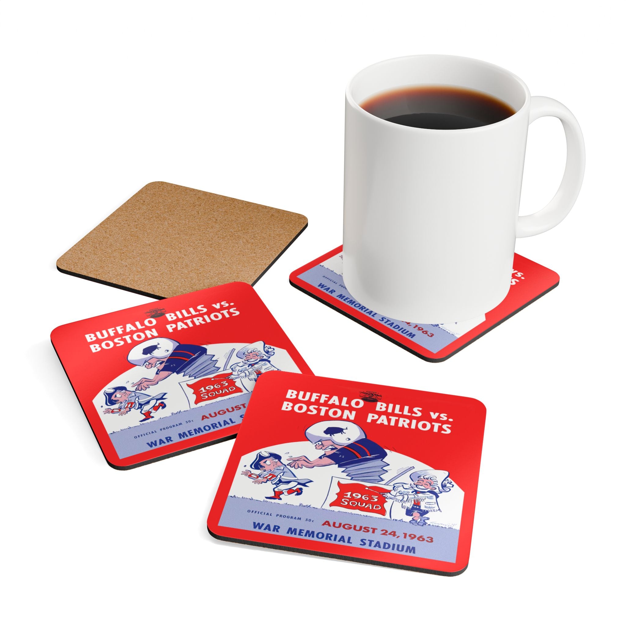 1963 Vintage Buffalo Bills - Boston Patriots Football Program Cover - Corkwood Coaster Set