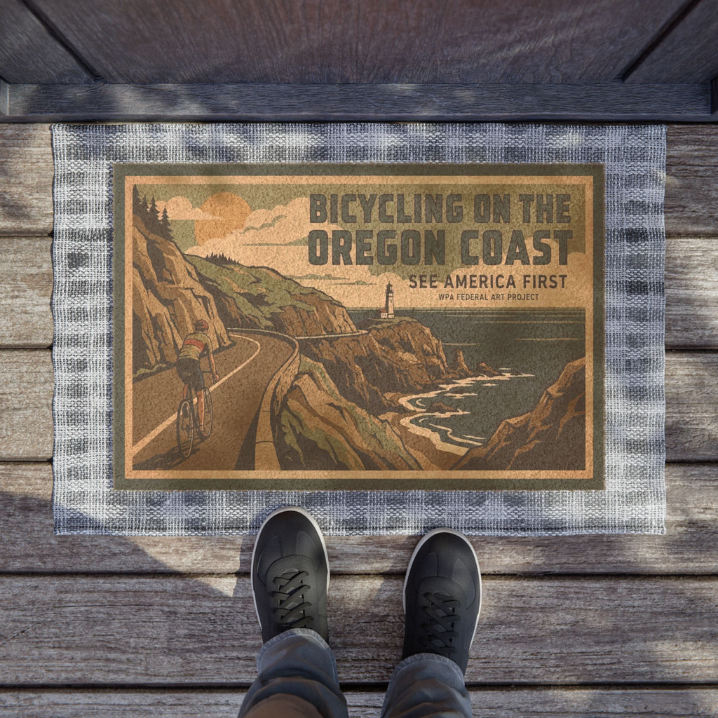 Oregon Coast WPA Style Bicycling Coir Doormat