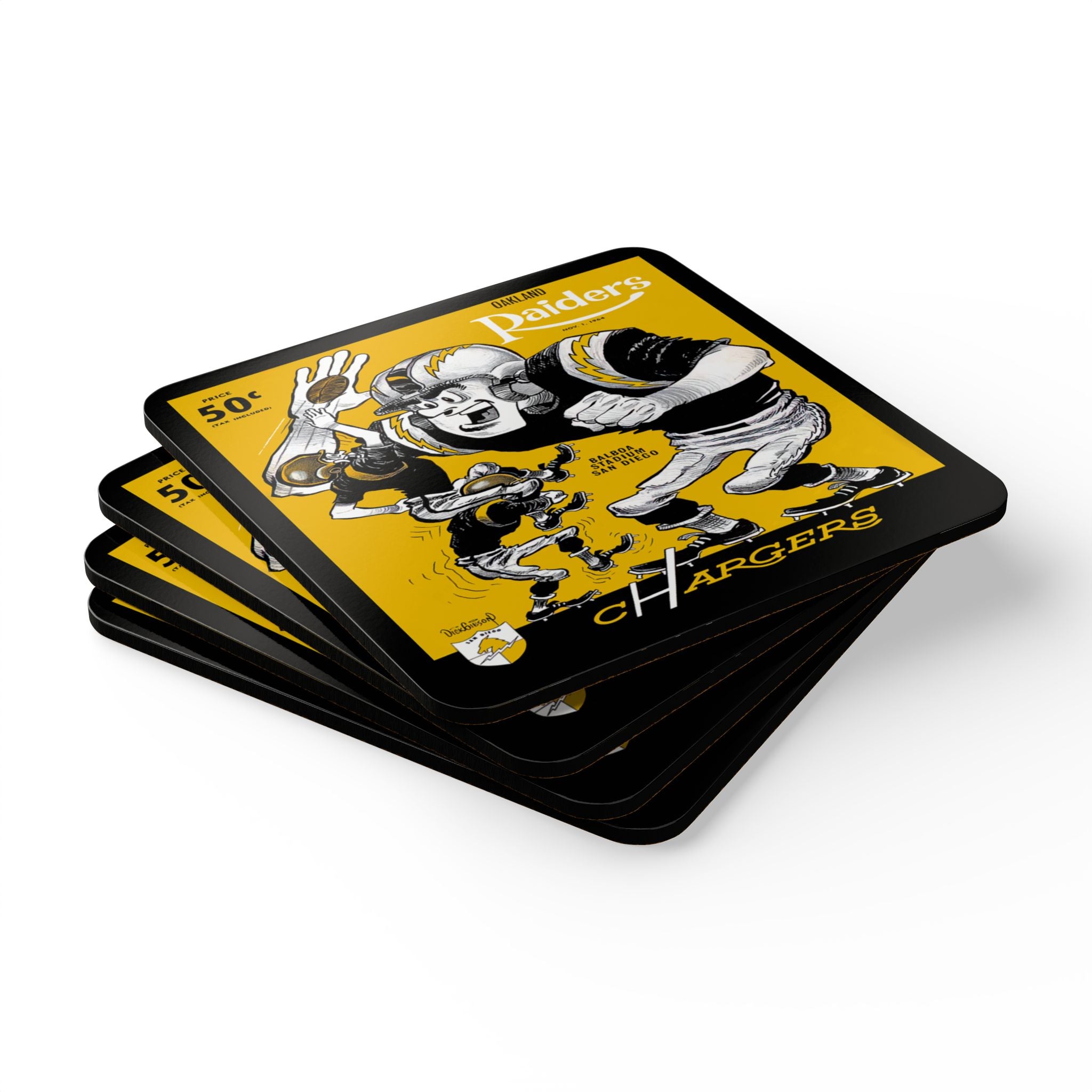 1964 Vintage San Diego Charges - Oakland Raiders Football Program Cover - Corkwood Coaster Set