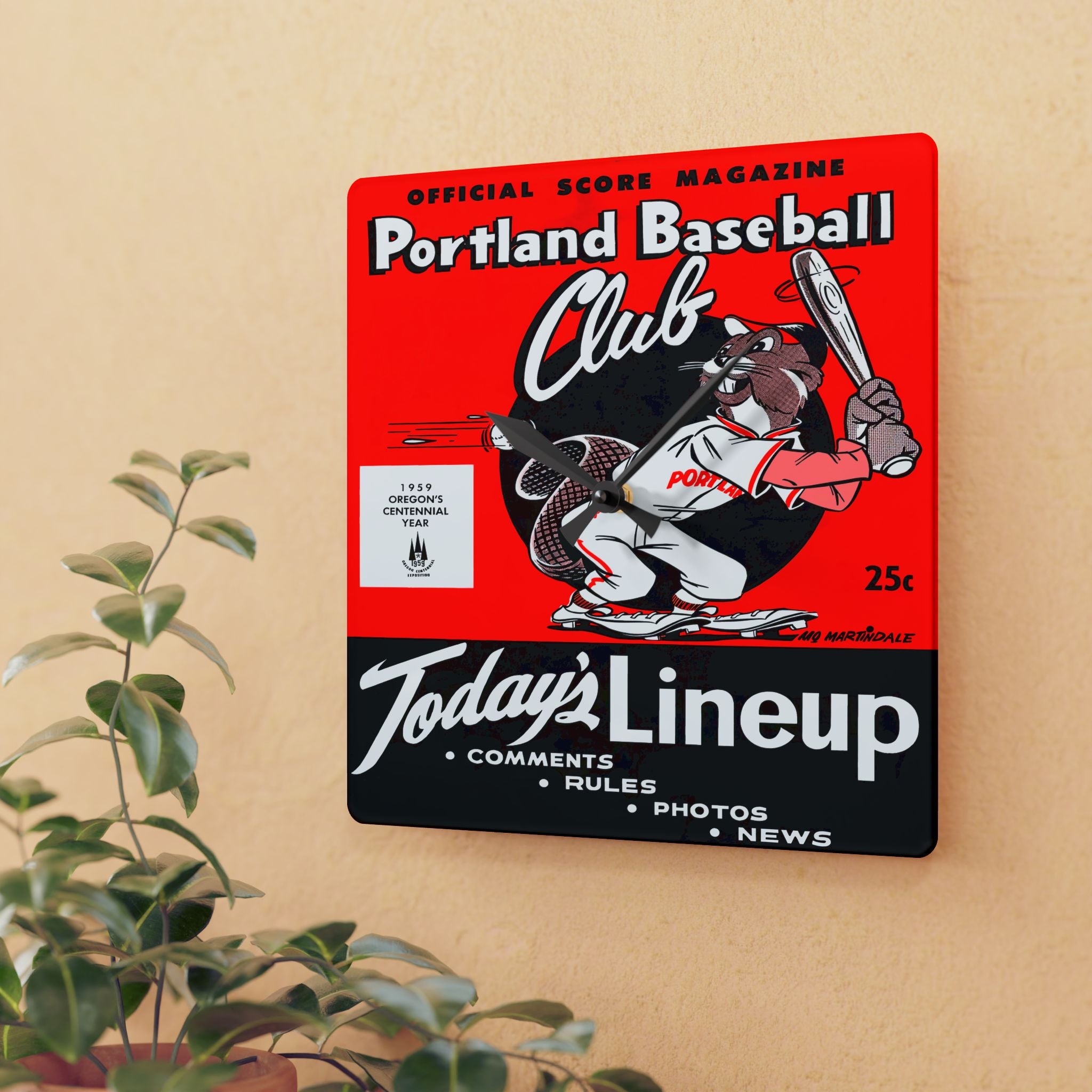 Vintage 1959 Baseball Portland Beavers Acrylic Wall Clock, Sports Team Memorabilia, Retro Home Decor, Gift for Baseball Fans, Office Wall