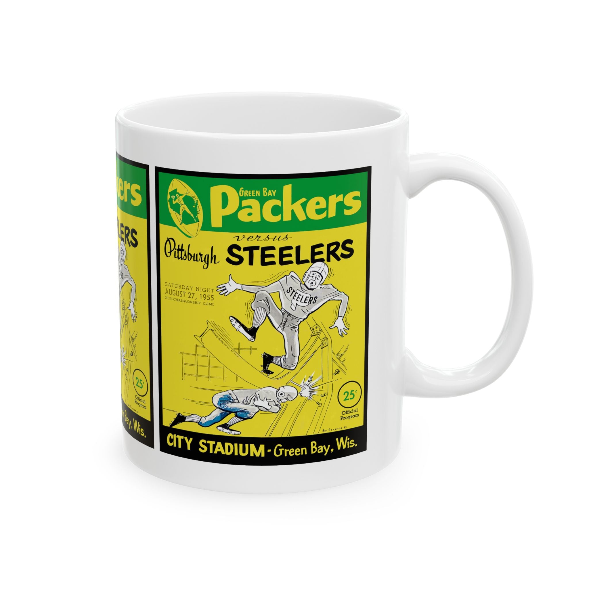 Vintage 1955 Football Ceramic Mug, Green Bay Packers - Pittsburgh Steelers Fan Drinkware, 1955 Sports Memorabilia Gift Cup, 11oz 15oz,