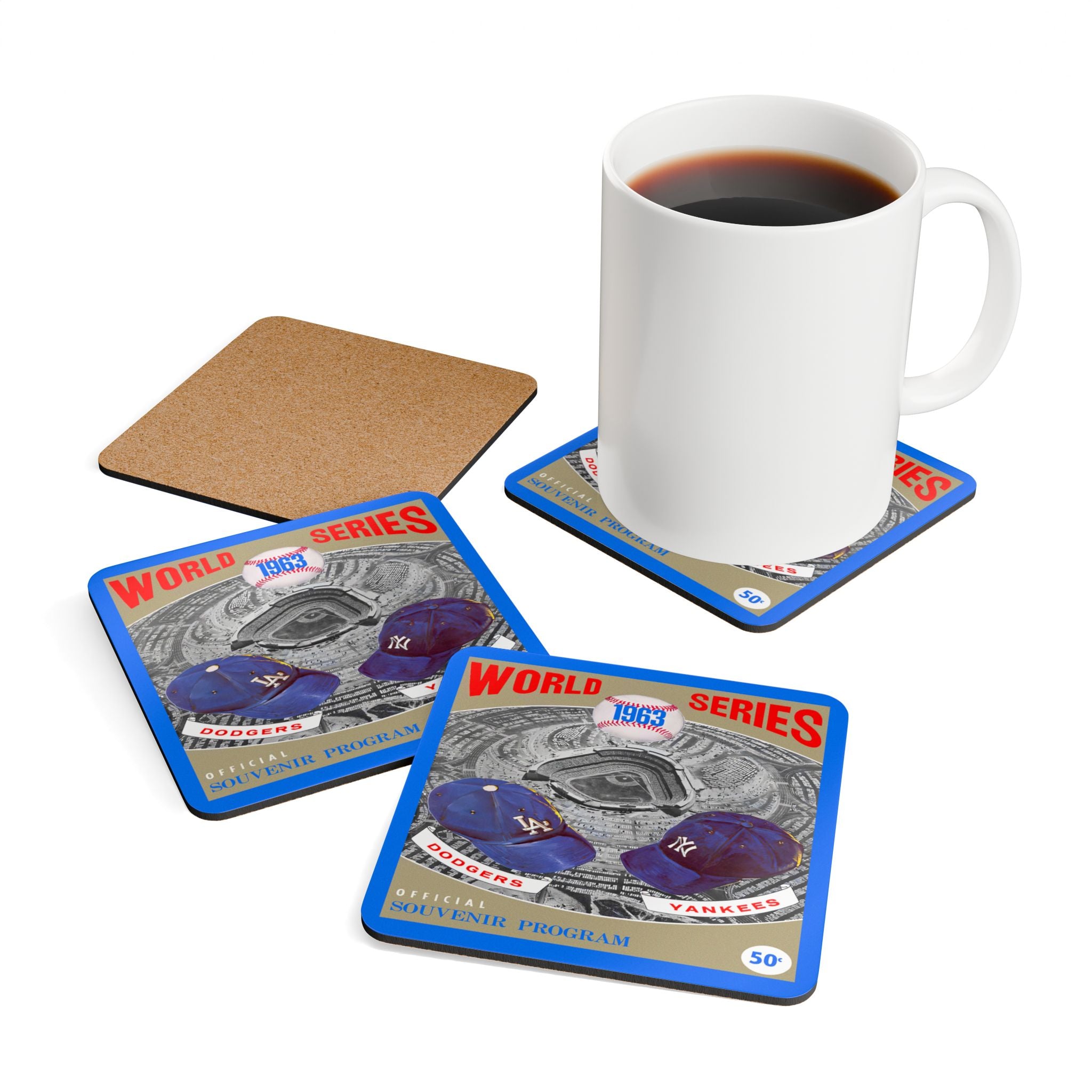 1963 Vintage Los Angeles Dodgers - New York Yankees World Series Program Cover - Corkwood Coaster Set