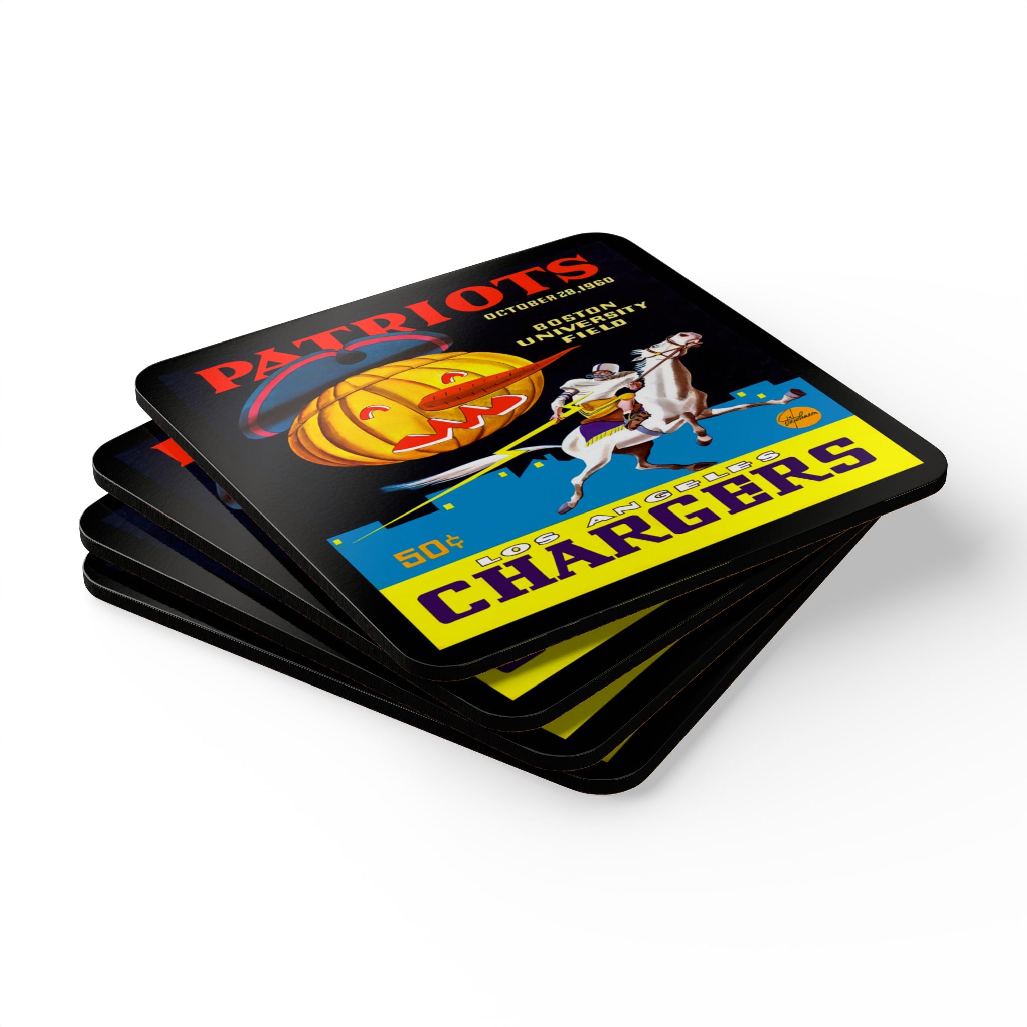 1960 Vintage Los Angeles Chargers - Boston Patriots Football Program Cover - Corkwood Coaster Set