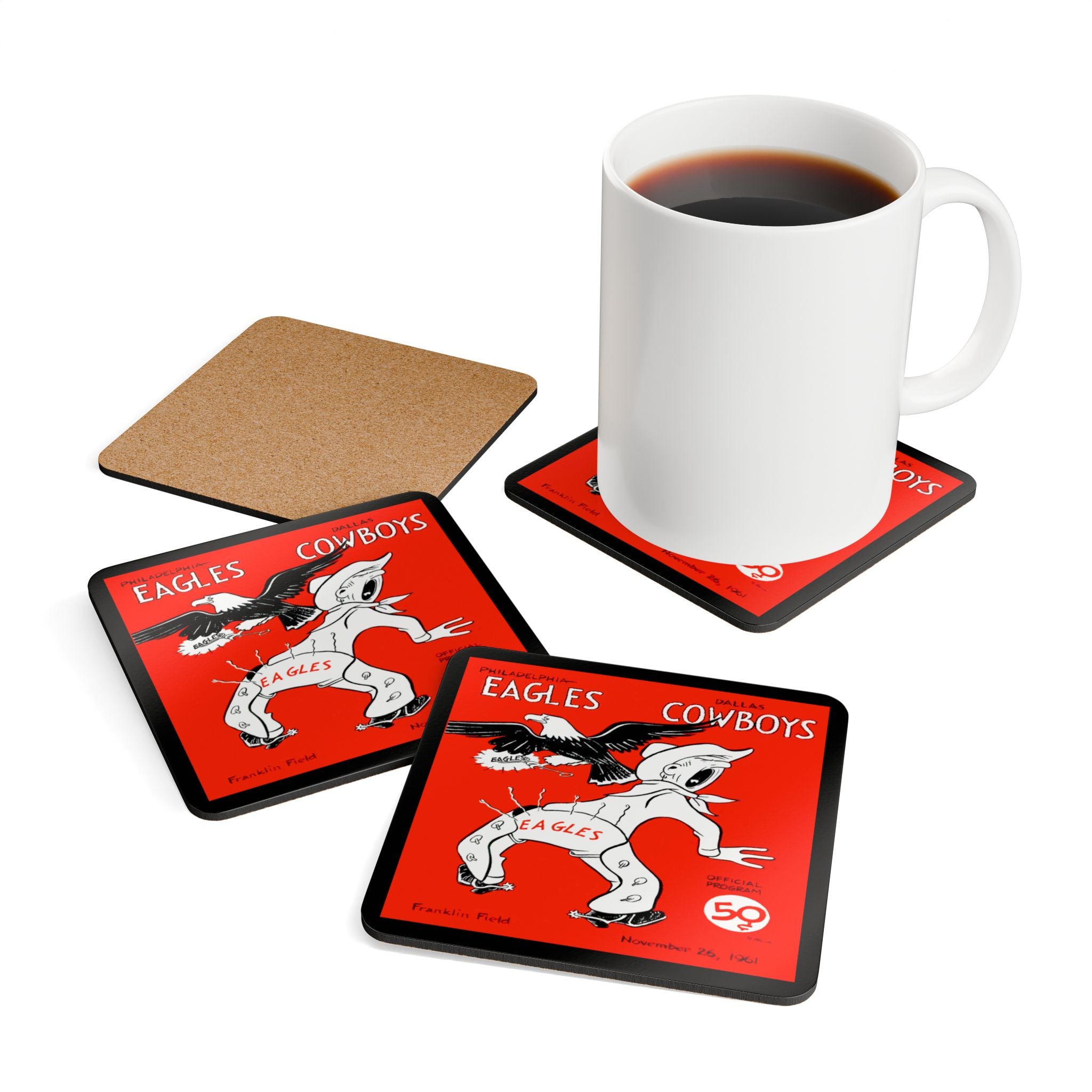 1961 Vintage Dallas Cowboys - Philadelphia Eagles Football Program Cover - Corkwood Coaster Set