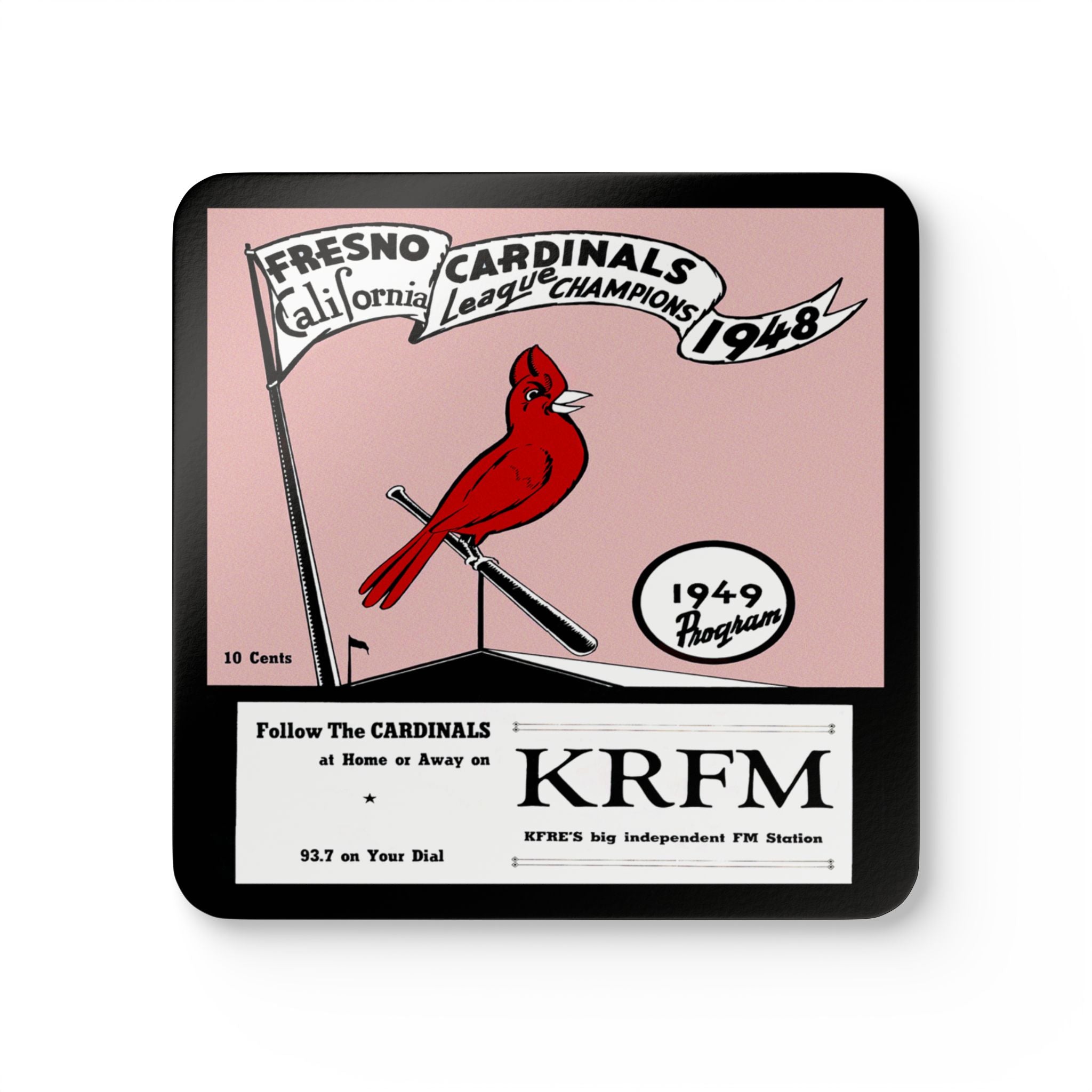 1949 Vintage Fresno Cardinals Baseball Program Cover - California League - Corkwood Coaster Set