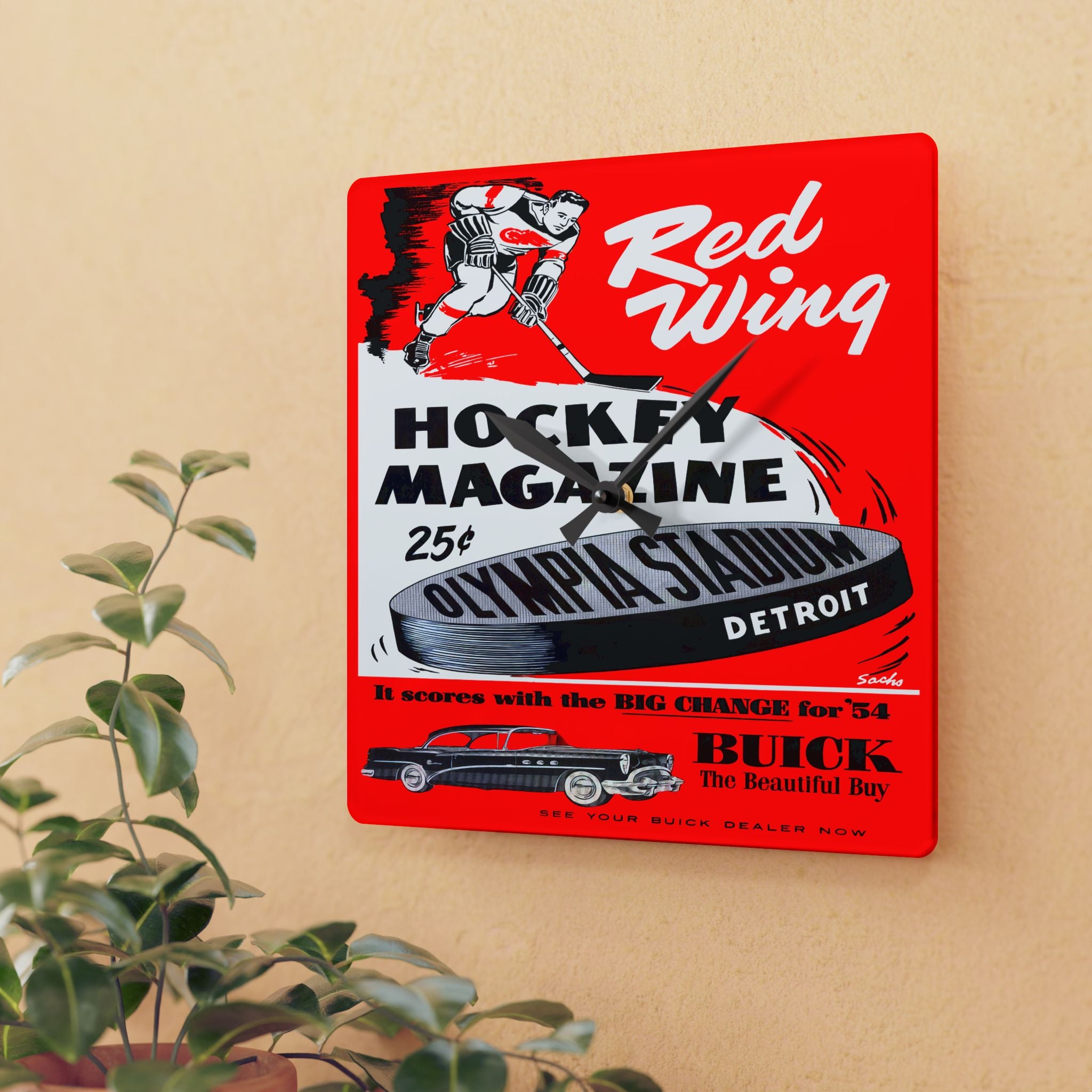 Vintage Hockey Acrylic Wall Clock, Detroit Red Wings Memorabilia, Sports Fan Decor, Retro Game Program Art, Unique Gift for Hockey Lover