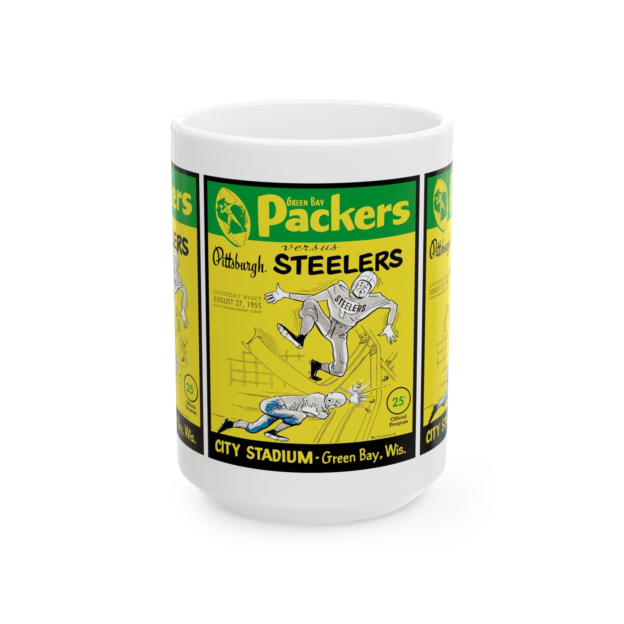 Vintage 1955 Football Ceramic Mug, Green Bay Packers - Pittsburgh Steelers Fan Drinkware, 1955 Sports Memorabilia Gift Cup, 11oz 15oz,