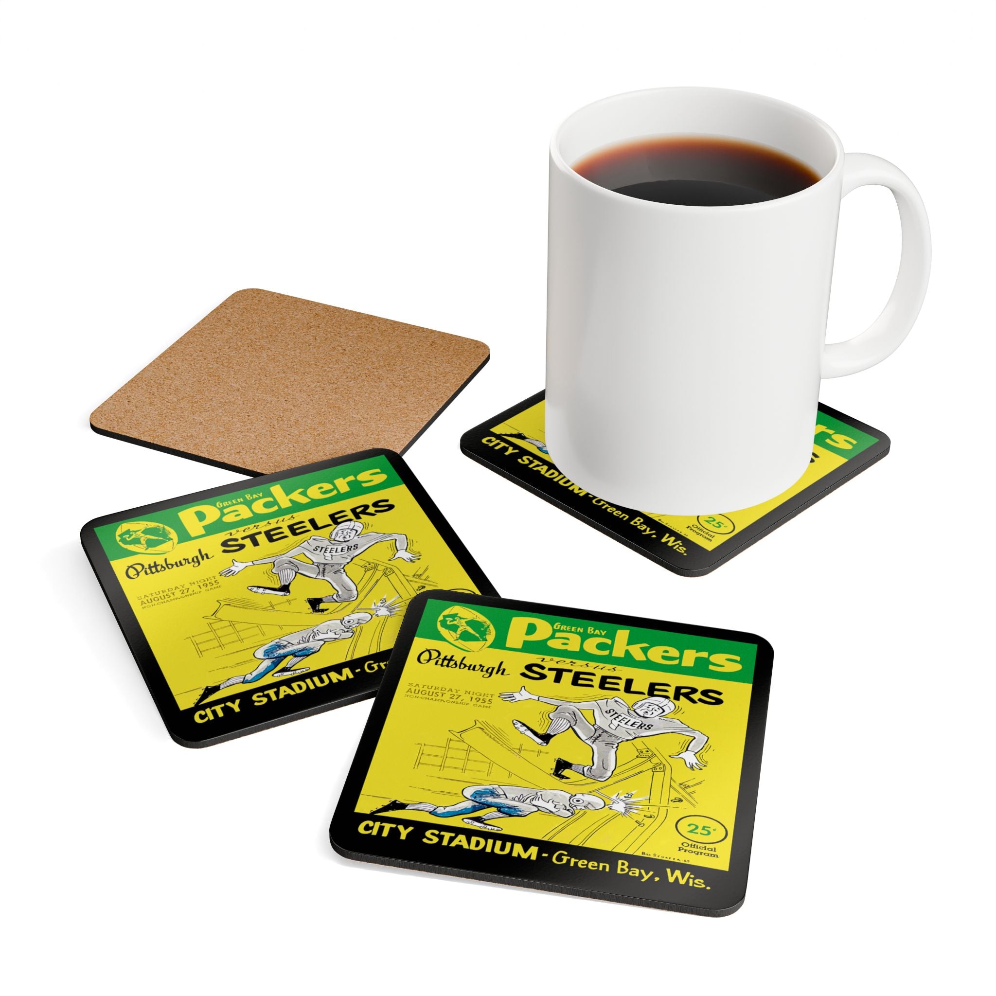 1955 Vintage Green Bay Packers - Pittsburgh Steelers Football Program Cover - Corkwood Coaster Set