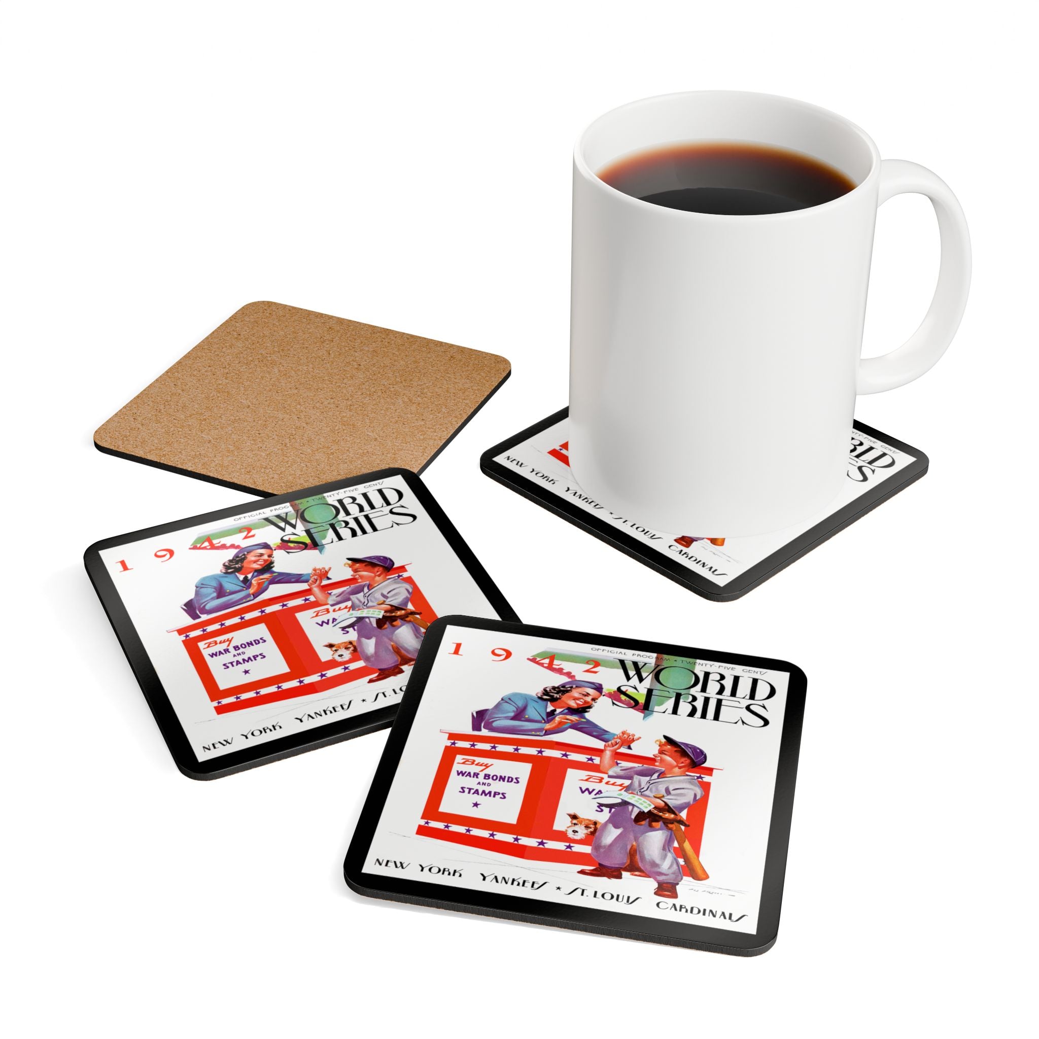 1942 Vintage Yankees-Cardinals World Series Program Cover - Corkwood Coaster Set