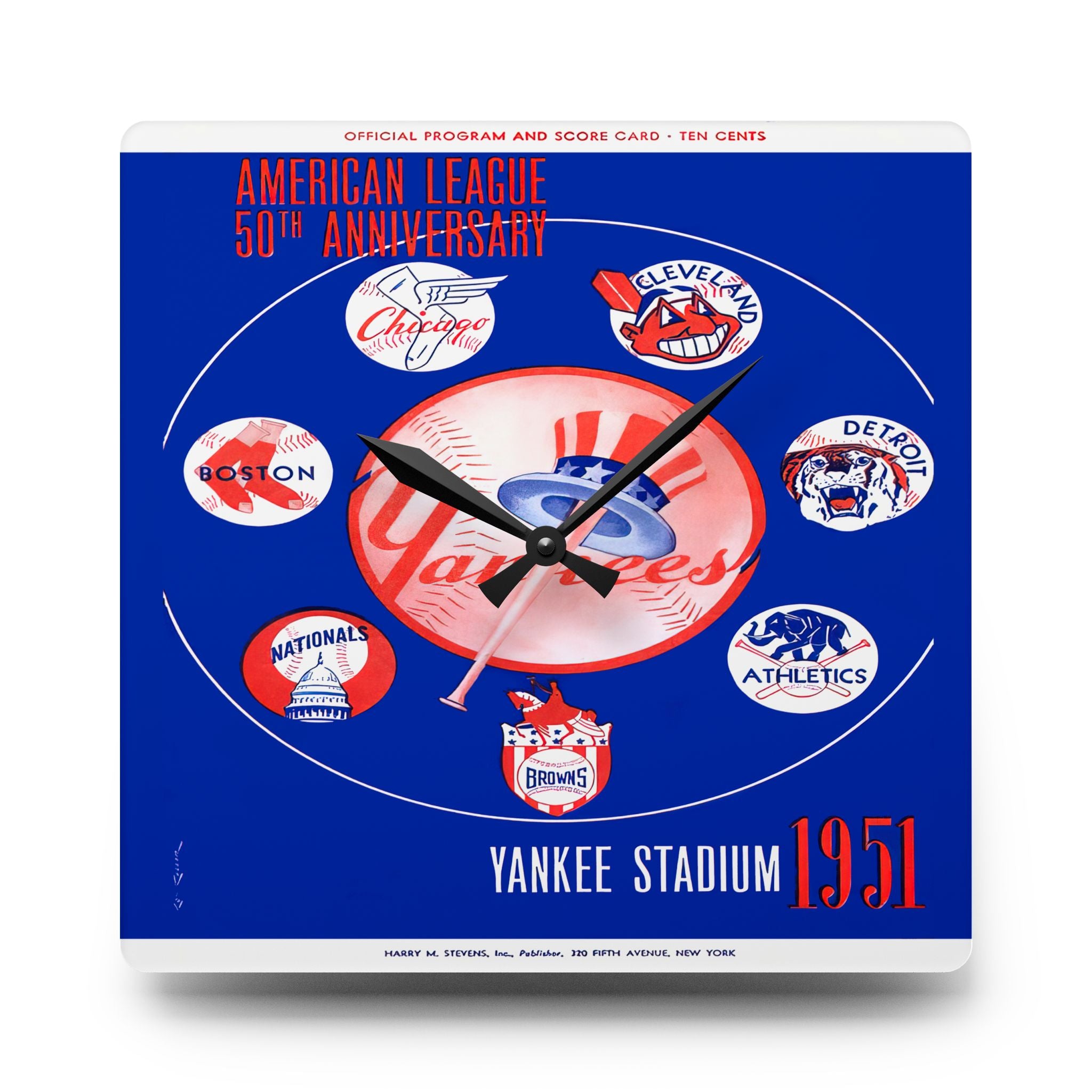 1951 Vintage New York Yankees Scorecard  Cover - 50th Anniversary - American League - Acrylic Wall Clock