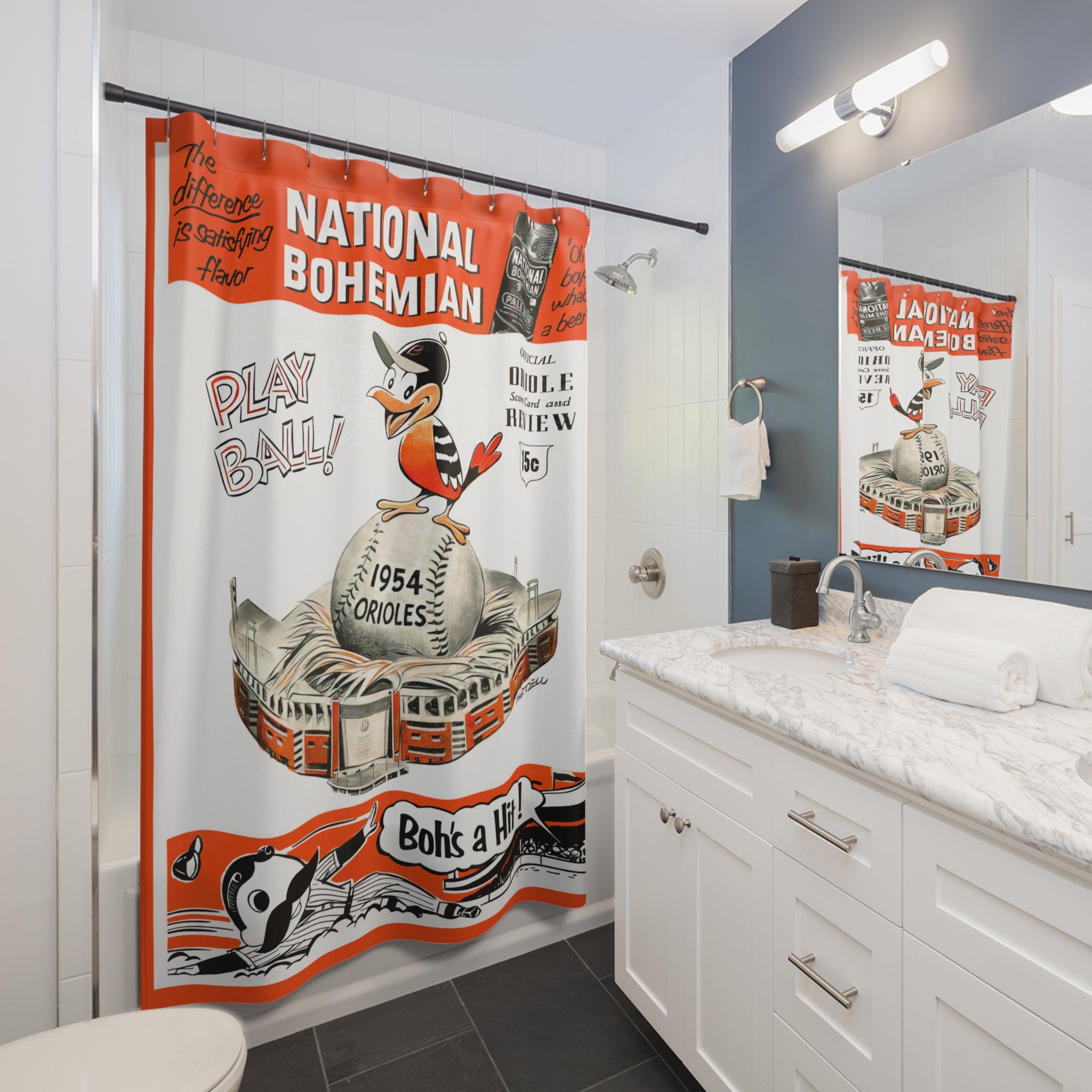1954 Baltimore Baseball Shower Curtain — Retro Vintage Sports Bathroom Decor