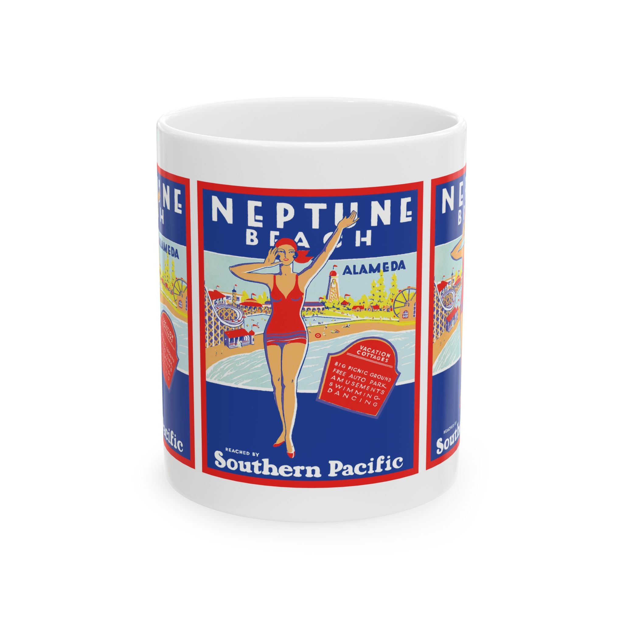 Vintage Alameda Neptune Beach Southern Pacific Poster Ceramic Mug, Gift for History Buff, Retro Coffee Cup, Coastal Kitchen Decor,