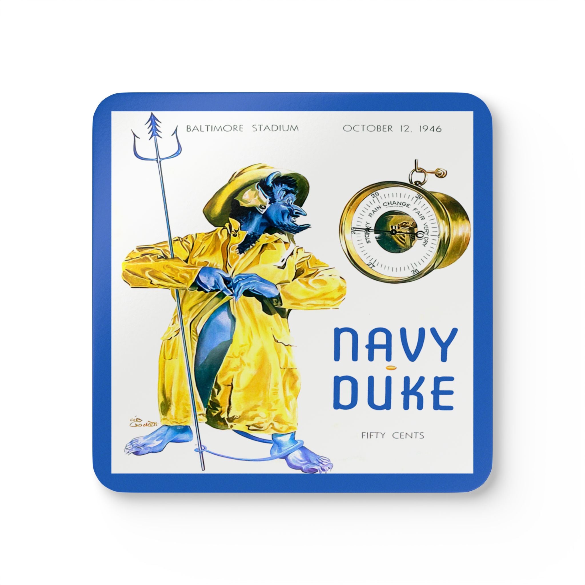 1946 Vintage Navy - Duke Blue Devils - Football Program Cover - Corkwood Coaster Set