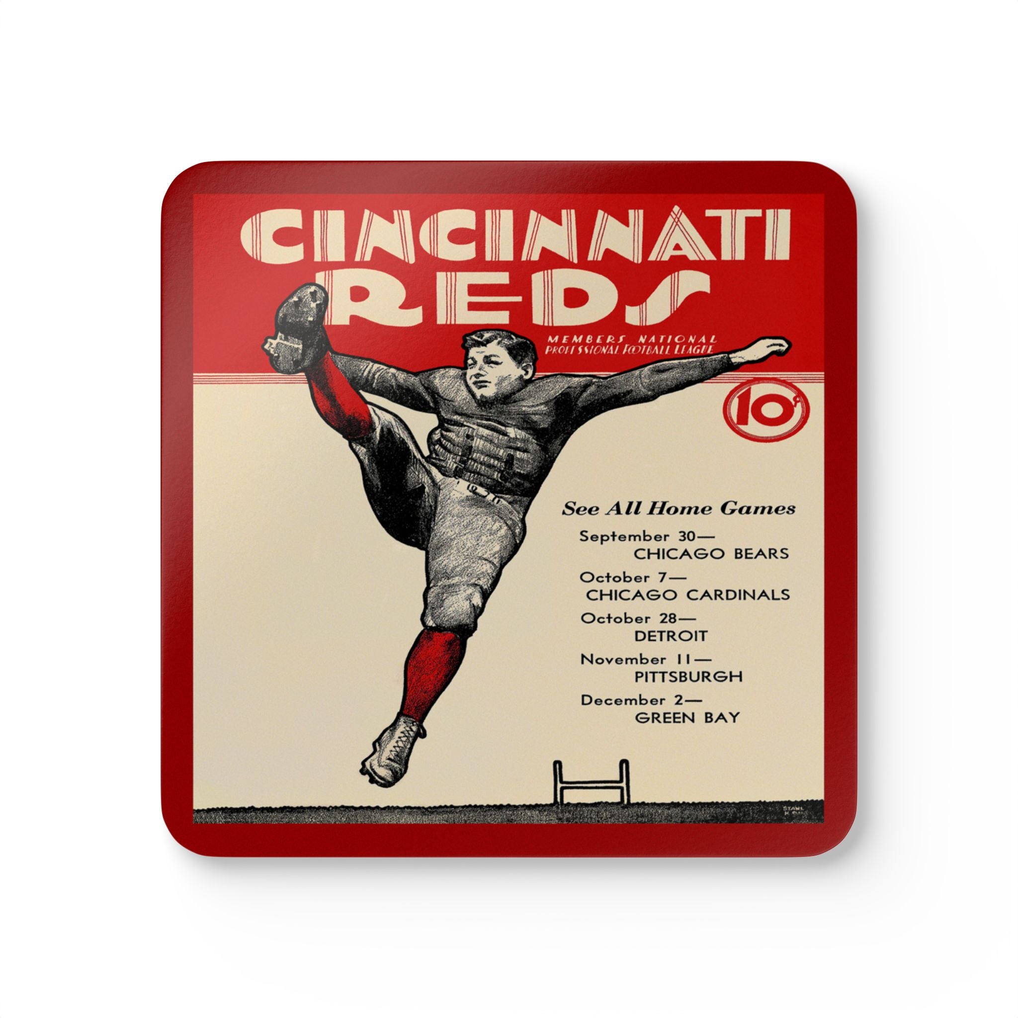1934 Vintage Cincinnati Reds Football Schedule - Corkwood Coaster Set