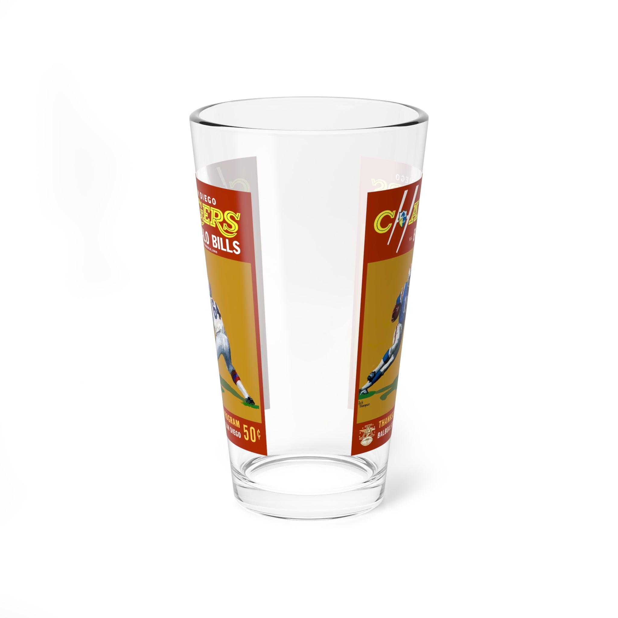 16oz Mixing Glass, 1964 Football San Diego Chargers Buffalo Bills, Sports Memorabilia Mug, Vintage Football Cup, Retro Team Glassware