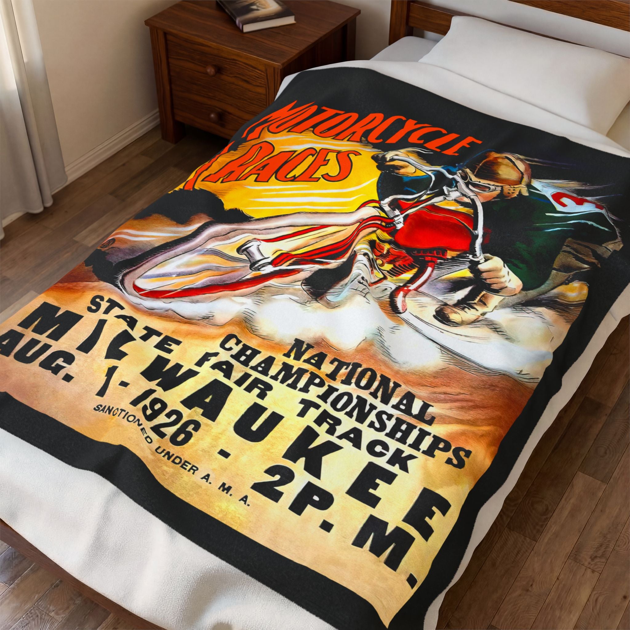 Velveteen Plush Blanket, Cozy Throw Blanket, Motorcycle Races Milwaukee Home Decor, Soft Bedding, Vintage Racing Gift