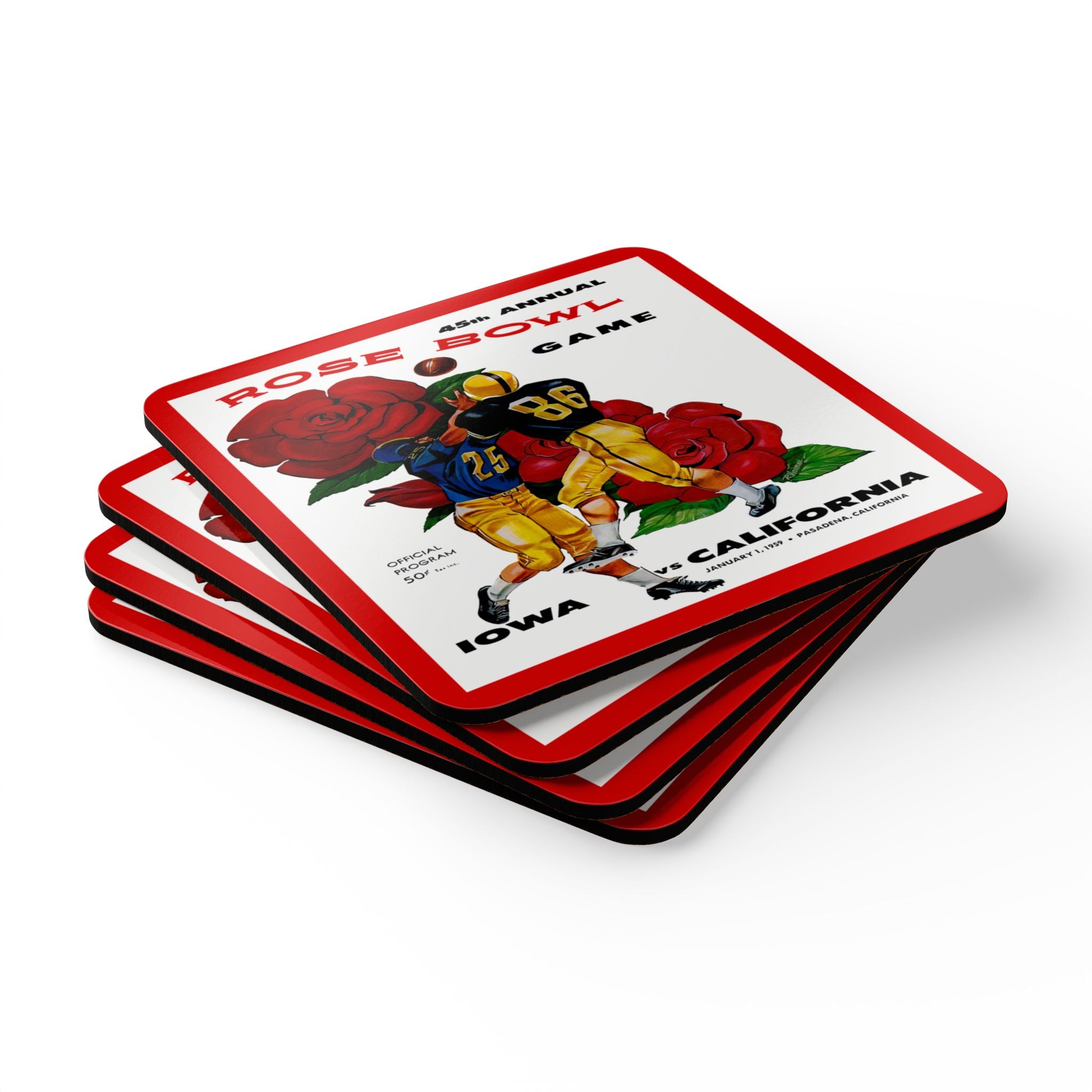 1959 Vintage Iowa Hawkeyes - California Bears Rose Bowl Program Cover - Corkwood Coaster Set